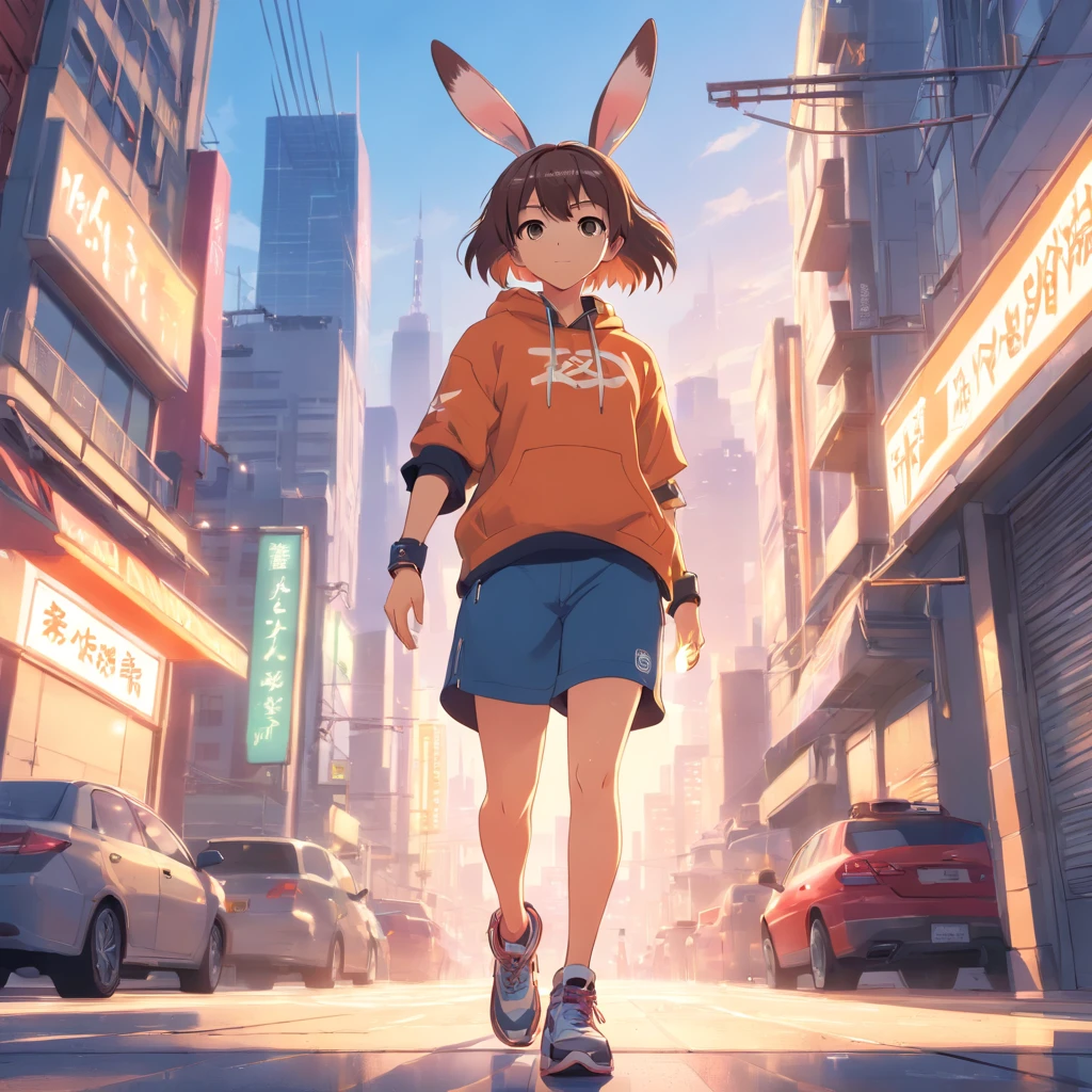 ((foto crua)), ((obra-prima)), Anthropomorphic humanoid rabbit wearing (((roupas de streetwear))), caminhando furiosamente entre as pessoas, detalhe intrincado, intricate Greebles pieces, city behind, corpo musculoso, (((large muscles))), muscular arms, (small head), Ogro monstruoso, Titan soft lighting, Hiper realista, soft-lighting, Ambiente sinistro