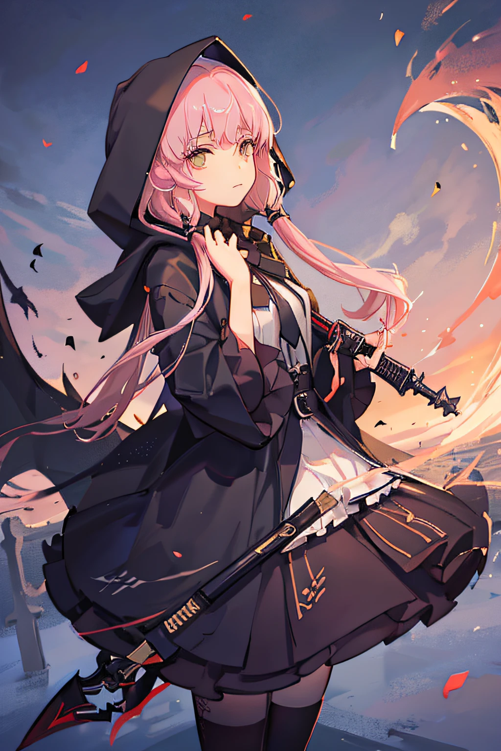 With a girl in a cute hood wrapped in thick fog、(Female Grim Reaper Protecting a Girl from Behind:1.3),Wielding a scythe,Emerge from the swirling shadows.Stand in the Cemetery of Forgotten Souls.(Light brown and light pink striped hair:1.3,),Perfect face,Proper body proportion,masutepiece,Super high-quality output images,超A high resolution,Intricate details,Very delicate and beautiful hair,photographrealistic,Dreamy,Professional Lighting,realistic shadow,Solo Focus,Beautiful hands,Beautiful fingers,Detailed finger features,detailed clothes features,Detailed hair features,detailed facial features,(Ghibli style:1.3)