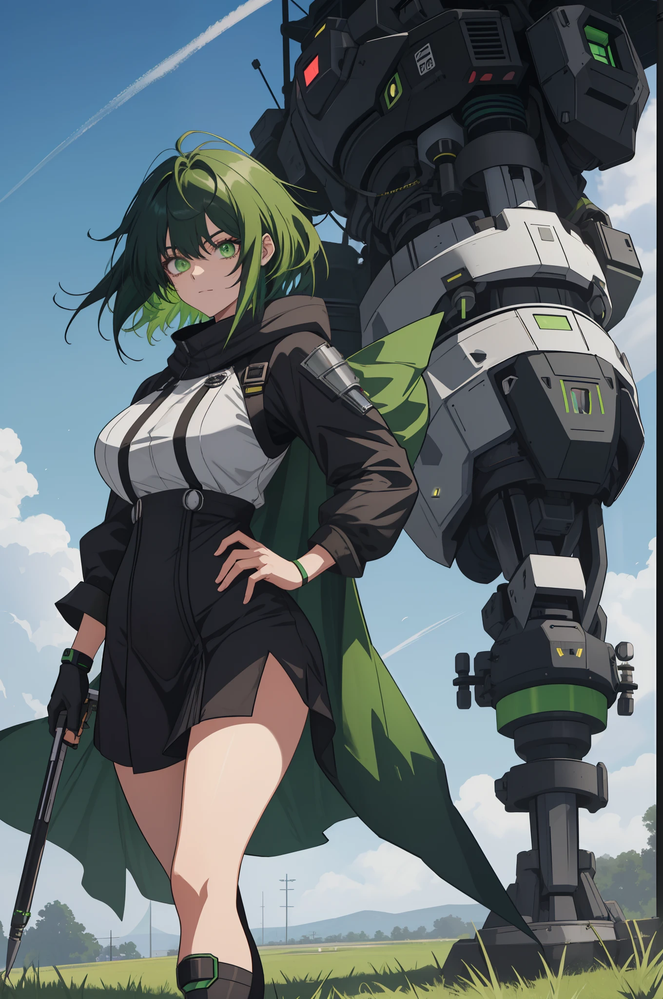 leges，mechanical leg，Black mechanical legs，Plump legs，Green gem setting，Anime girl standing gracefully on the ground，Black cape and green hair, rogue anime girl, Anime girl standing, Wearing a cloak on the blasted plain, asuka suit under clothes!, holy cyborg necromancer girl, badass posture, mechanic punk outfit, anime styled 3d, render of a cute 3d anime girl, gapmoe yandere grimdark, Female character，musculature，Abs，Glowing green eyes，Black hair with green gradient，short detailed hair，Bunched hair，Dull hair，（Muscle 2.0），Tomboyish，Be red in the face，looking at viewert，Elaborate Eyes，Black mechanical legs，huge tit，1.5，Green Greatsword，Left hand crossed waist，ssmile，robotic hand，blacksilk