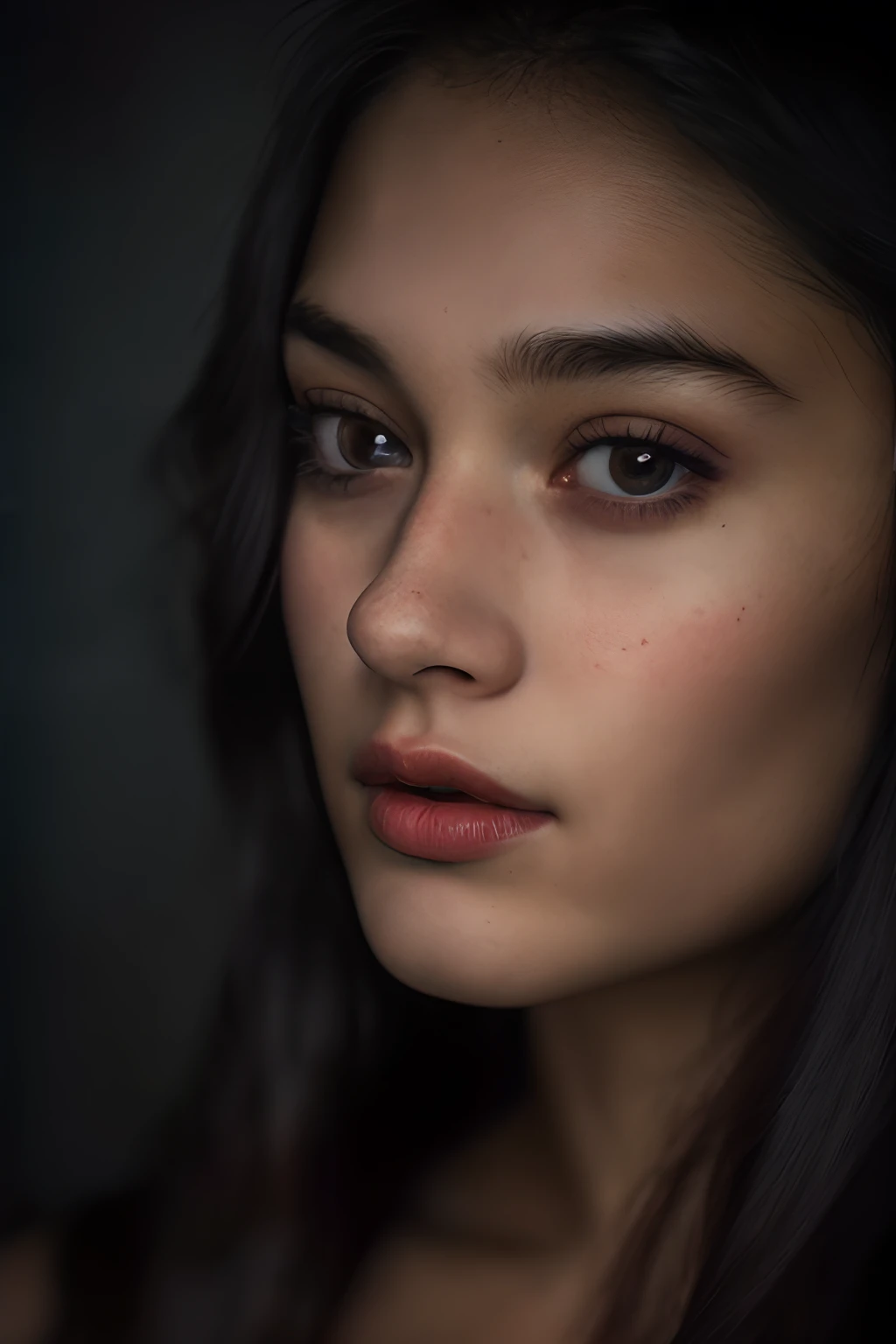 (close-up, editorial photograph of a 21 year old woman), (highly detailed face:1.4) (smile:0.7) (background inside dark, moody, private study:1.3) POV, by lee jeffries, nikon d850, film stock photograph ,4 kodak portra 400 ,camera f1.6 lens ,rich colors ,hyper realistic ,lifelike texture, dramatic lighting , cinestill 800,