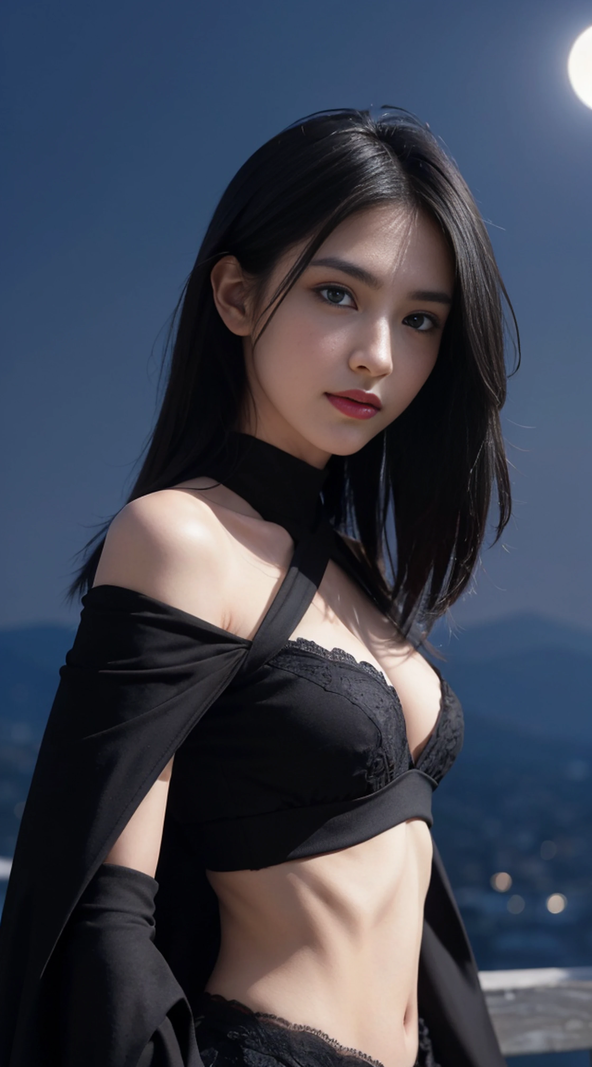 8K, Top Quality, Intricate Details, Ultra Detail, Ultra High Resolution, Masterpiece, random angle,  Slender, Smile, (Makeup: 0.4), (Fluffy Blue Eyes: 1.21), blue Eyes,, ((full body)), 1girl, solo, 1 girl, (( full body)),  close-up shot, standing  , , ((tall)), (((fit body))), (((slim face))), sharp face, sharp eyes, ((( black hair,  hair, okappa)))  (detailed face), sharp face, small lips, thin lips, 
 (( cape)),  detailed face, detailed breast, , large breast, detail, , Beautiful girl with accentuated slender abs: 1.4, Six Pack Abs: 1.4, Bust Botox, Big, Perfect Body, detail leg, (( moonlight)), top of mountain