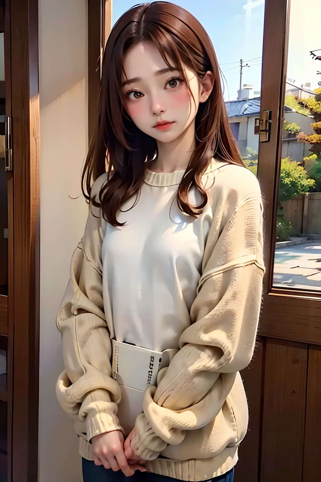 top-quality、masutepiece、独奏、Women with small breasts、Natural look、brown haired、Long sleeve sweatshirt