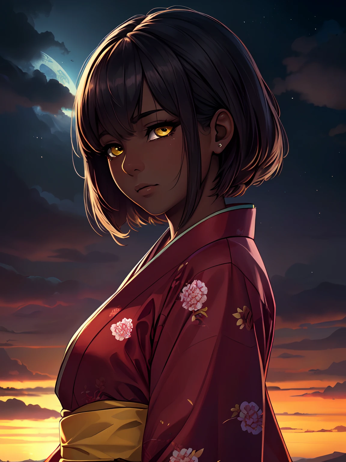 1 girl, (dark skin:1.2), shy, cute, cold expression, (8k, RAW photo, best quality, masterpiece:1.2), (realistic, photorealistic:1.2) (ultra-detailed, Super detailed:1.2), vivid colors, studio lighting, Yellow coloured eyes, blank eyes, Night clouds background, Aesthetic, romantic, Luna, Wearing a kimono