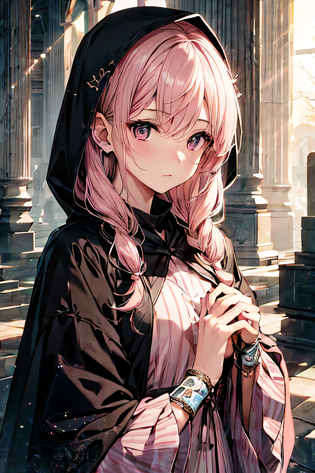 With a girl in a cute hood wrapped in thick fog、Female Grim Reaper Protecting Girl Behind,Wielding a scythe,Emerge from the swirling shadows.Stand in the Cemetery of Forgotten Souls.(Light brown and light pink striped hair:1.3,),Perfect face,Proper body proportion,masutepiece,Super high-quality output images,超A high resolution,Intricate details,Very delicate and beautiful hair,photographrealistic,Dreamy,Professional Lighting,realistic shadow,Solo Focus,Beautiful hands,Beautiful fingers,Detailed finger features,detailed clothes features,Detailed hair features,detailed facial features,