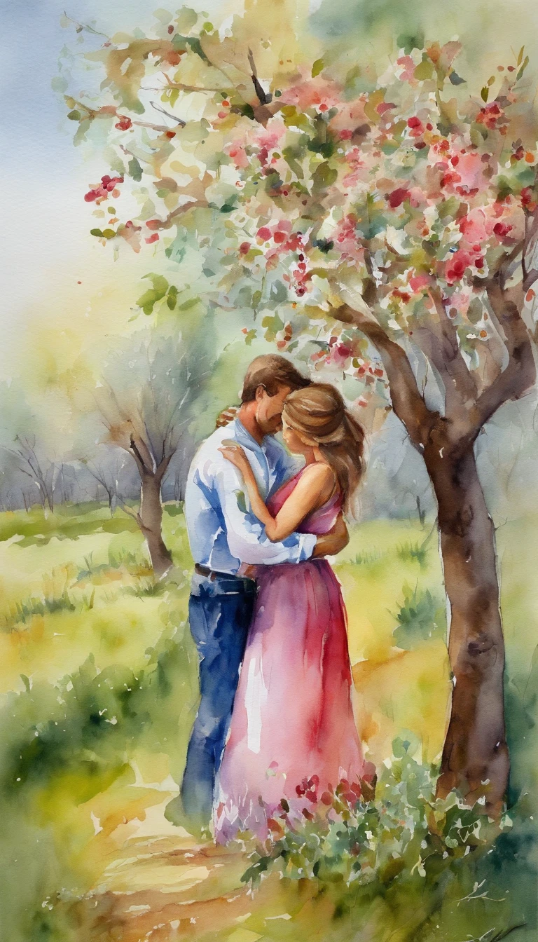 A guy hugs a girl in a blooming apple orchard
