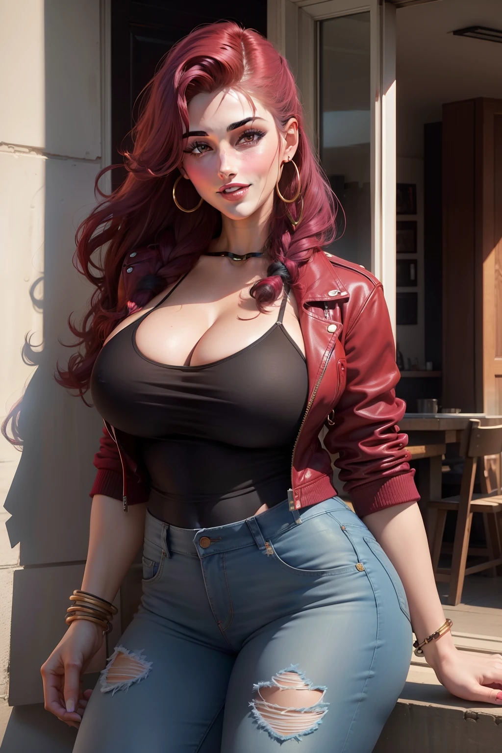 Lucy Pinder, portrait, face portrait, maroon hair, braid, hoop earrings, black t-shirt, cleavage, jean jacket, jeans, smiling, voluptuous, red lips.
