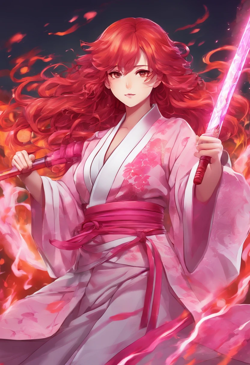 1girl, long curly redhair, white skin, wearing a pink kimono, pink katana, ready to fight pose, pink fire power, sun breathing, demon slayer style, oni hunter, agressive looking, epic background full with fire