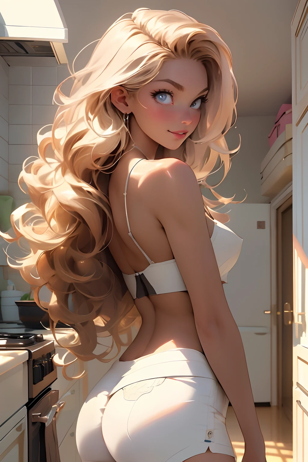 melancholy lighting, quiet, calm, brightness, masterpiece, best quality, 1girl, (JinxLol:1.2), (ultra photorealistic:1.3), (masterpiece:1.4), best quality, ((realistic)), high quality, ultra detailed, ((real image)), ((realistic skin)), ((realistic face)),(illustration:1.05), (beautiful:1.05), (beautiful detailed eyes:1.05), (cinematic light:1.1), full body, precise proportions, 18-year-old girl, SEXY model SHOWINT PERFECT ROUND ASS, PERFECT NICE BACK, SURRONDED BY KITCHEN CABINET, hair fluttering in the wind, tulle, long legs, feet slightly open, buttocks, blush, shyness, abdominals, double weave, beautiful and delicate face, fair skin, real skin, (face detail), pores, super high resolution, 8k, parameters Best quality, masterpiece, super high resolution, (Realistic 2.0), More details, detailed skin, BEAUTIFUL PERFECT EVEN EYES, wide smile, white teeth,BLOND voluminous hair