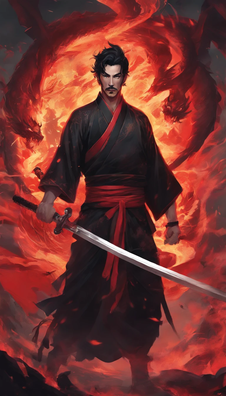 (detailed,realistic) Man with short black hair and mustache, wearing a black and red dragons details kimono, wielding a sword engulfed in black flames, in the style of Demon Slayer