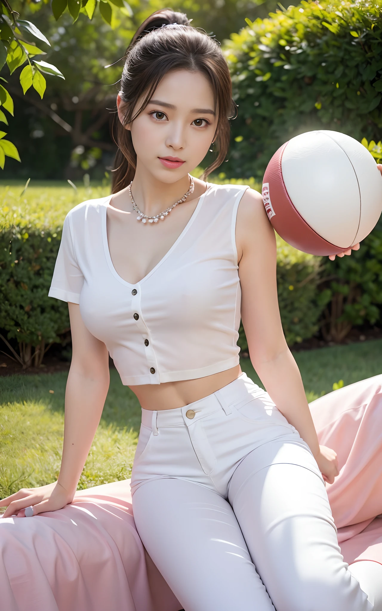 1 very beautiful female high school student,Wear one(((Pink shiny button-down shirt and low-rise white loose wide-leg pants)))(((White sheer wide-leg pants,cargo pants))),(detailed outfits:1.5),Play with the ball on the grass of the football field,(On the grass:1.02),Super high value,perfect body figure,Beautiful short ponytail,Delicate hair,Fair face and skin,Beads of sweat on the forehead,Have fun on the playground,Smile sweetly,(((The chest is huge))),Breasts are full and straight:1.5,(The clothes on the chest are high and bulging, Tightness and bulging:1.5),The legs are rounded and well-proportioned and slender,Delicate fair and soft toes,White and delicate fingers,(Delicate sneakers:1.5),Focus on the chest,fully body photo