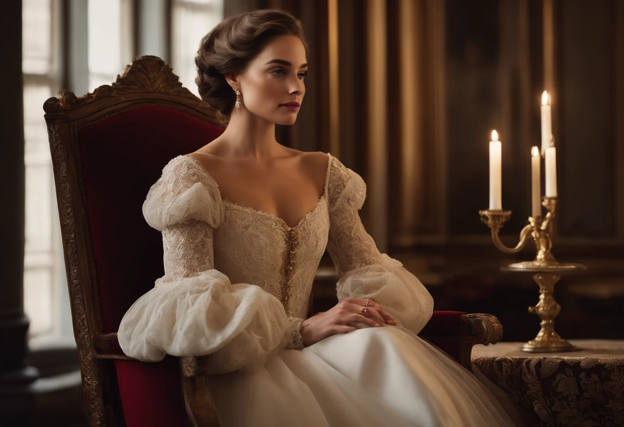A woman in a white dress sits on a chair., Olivia Culpo as Milady de Winter, portrait shot, Portrait of Emily Blunt as Queen, aristocratic clothing, Inspired by Antoni Brodowski, Beautiful aristocracy, Royal Costume, Inspired by Sophie Pemberton, Dress in medieval lace, Romantic Dresses, Inspired by Eliseu Visconti, Light brown hair