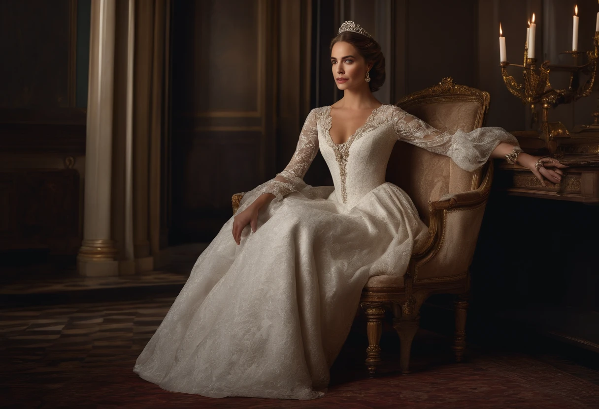 A woman in a white dress sits on a chair., Olivia Culpo as Milady de Winter, portrait shot, Portrait of Emily Blunt as Queen, aristocratic clothing, Inspired by Antoni Brodowski, Beautiful aristocracy, Royal Costume, Inspired by Sophie Pemberton, Dress in medieval lace, Romantic Dresses, Inspired by Eliseu Visconti, Light brown hair