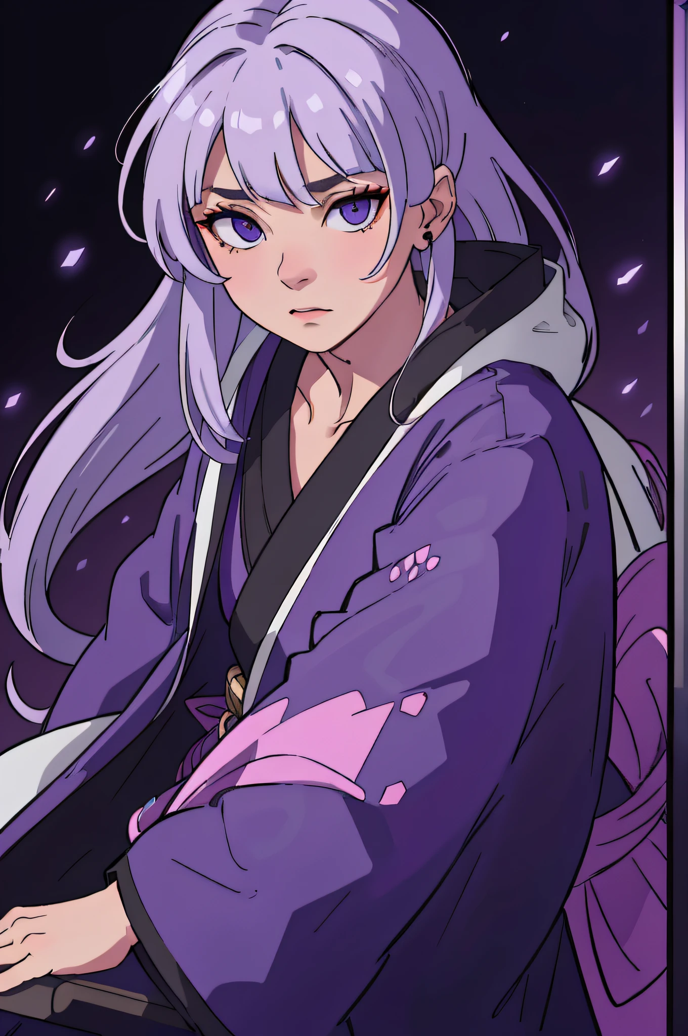 1 male, black earings,silver purple wolfcut hair,midnight blue modern kimono,magic surrounding,dark and mysterious,purple eyes,(best quality,4k,8k,highres,masterpiece:1.2),ultra-detailed,(realistic,photorealistic,photo-realistic:1.37),HDR,UHD,studio lighting,ultra-fine painting,sharp focus,physically-based rendering,extreme detail description,professional,vivid colors,bokeh,portraits