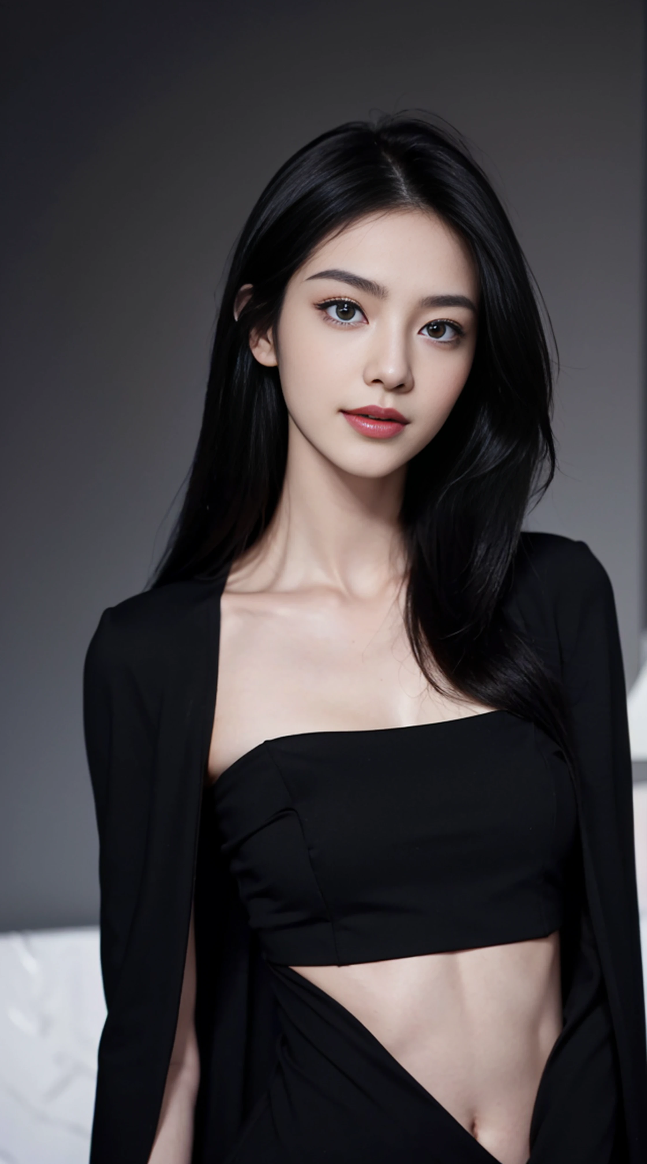 8K, Top Quality, Intricate Details, Ultra Detail, Ultra High Resolution, Masterpiece, random angle, Slender, Smile, (Makeup: 0.4), (Fluffy Blue Eyes: 1.21), blue Eyes,, ((full body)), 1girl, solo, 1 girl, (( full body)), close-up shot, standing , , ((tall)), (((fit body))), (((slim face))), sharp face, sharp eyes, ((( black hair, hair, okappa))) (detailed face), sharp face, small lips, thin lips,
(( cape)), detailed face, detailed breast, , large breast, detail, , Beautiful girl with accentuated slender abs: 1.4, Six Pack Abs: 1.4, Bust Botox, Big, Perfect Body, detail leg, (( moonlight)), top of mountain
