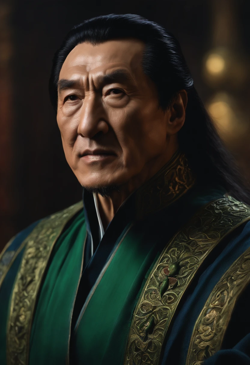 actor ((Jackie Chan)) as Shang Tsung, Mortal Kombat, ((old)), sinister-looking, ((bald spot)), ((goatee)), dark blue long robe, green transparent souls on background, intricate, high detail, sharp focus, dramatic, photorealistic painting art by greg rutkowski