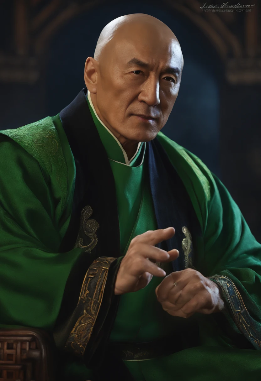 actor ((Jackie Chan)) as Shang Tsung, Mortal Kombat, ((old)), sinister-looking, ((bald spot)), ((goatee)), dark blue long robe, green transparent souls on background, intricate, high detail, sharp focus, dramatic, photorealistic painting art by greg rutkowski