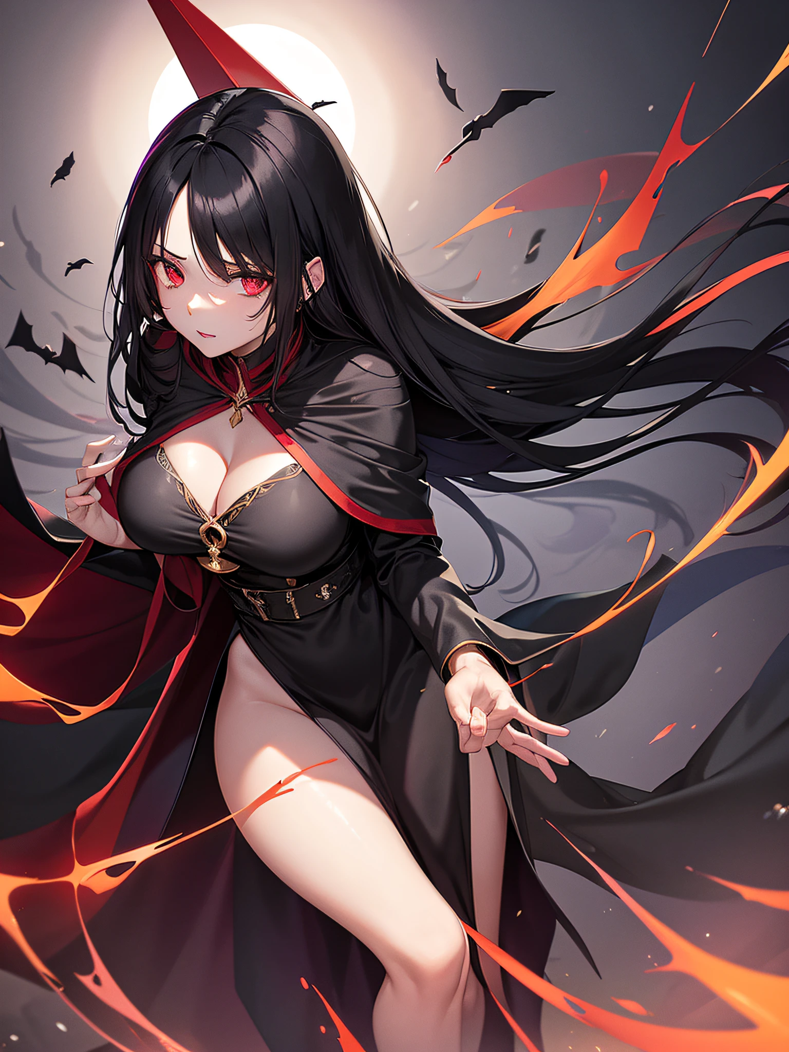 black sorceress woman in short clothes with large, exposed breasts, long black hair and red eyes, with a silk cape on her back, manipulating black magic in one of her hands, dark apocalyptic scene background