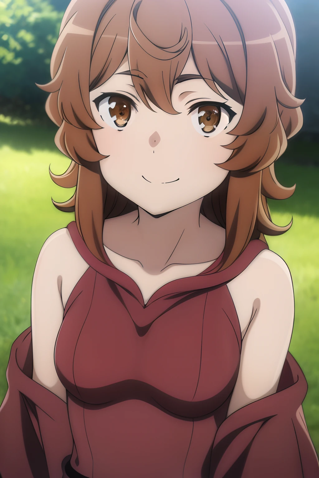 (The beauty of one beautiful girl、Lirilka、18years old、brown-eyed(High resolution eyes、Beautiful eyes、Light in the eyes)、super high precision、hiquality、top-quality、animesque、2D、Brown shorthair、Fine-grained skin、Happy smile、Red cheeks、Red ears、Beautiful small breasts)、Close-up representation of a single person、Full-length image of standing figure、Outdoor waterfront、