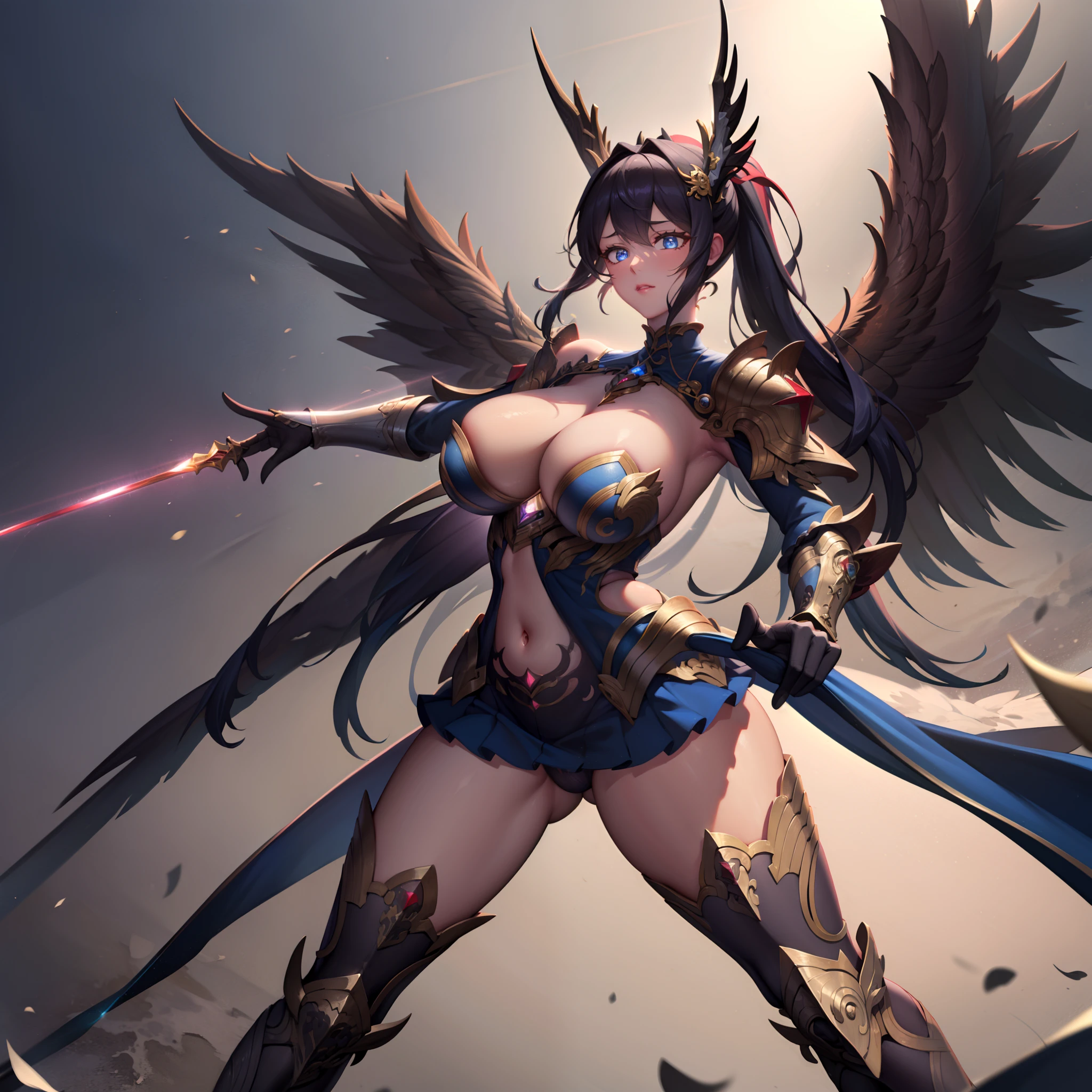 battlemech,(Blonde girl),(Huge ponytail),Glowing blue eyes,Blue Light Energy Longsword,Galactic,Mechanical and exquisite,((Blonde Beauty))pubic detail,mech wings,elegent,Blue Mecha,Glowing blue-blue eyes,(Stocking Heels),land,Mechanical and exquisite,pubic detail,mech wings,elegent,The tree々,There are hands and feet,angled,angled,immensity,Wind,hazy,Mecha's eyes glow blue,Blue Mecha,Glowing blue-blue eyes,Holding the sword of delicate light energy,Skysky,Mechanical and exquisite,pubic detail,Huge mech wings,elegent,The tree々,There are hands and feet,angled,angled,immensity,baiyun,hazy,Mecha's eyes glow blue,pubic detail,Winds of the future,sacredness,Cavalier,battlemech,Glowing blue eyes,Blue Delicate Sniper Rifle,Skysky,Mechanical and exquisite,pubic detail,Huge mech wings,elegent,The tree々,There are hands and feet,angled,angled,immensity,baiyun,hazy,Mecha's eyes glow blue,pubic detail,Winds of the future,sacredness,Cavalier,the face is clear,Face wearing mask armor,masterpaintings,best qualtiy,offcial art,the Extremely Detailed CG Unity 8K Wallpapers,brightened light,(light particules,(Illustration)(Farbe)goodlooking,impeccable,((Graphic Painting)),(Heavier stroke)),(bold lines),Highest image quality,masterpaintings,Filigree,long eyeslashes,(((silhuette))),Very detailed background,tulips,Banana leaves,lilie,dew,Date palm flowers,Ryu,Light white off-the-shoulder dress,Mottled sunlight,(Close-up of people),(Beautiful small in good shape)((Super best quality)), ((A very masterpiece)), ((super detailing:1.4)), ((hyper realistic lifelike 3d)), Dragon Warrior Girl, Mechanical body, Dynamic action poses in battle scenes, Mechanical weapons of very complex and heavy fighters, Off-the-shoulder fashion that blends dense and complex steampunk with dense gothic ta, Complex steampunk headgear, very thin long legs, Mechanical boots above the knee, Fluttering lace flared mini skirt, beautiful small breasts directed upwards,Somewhat long, Vertical curly silver hair fluttering in the