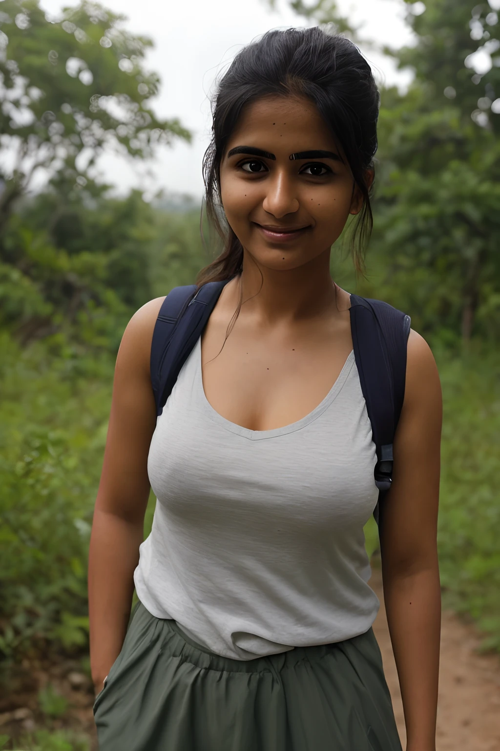 an overcast lighting (closeup:1.15) (medium shot :0.6) mobile photography ,  shot on a mobile, big breasts,  photograph of a beautiful indian woman standing on the hiking trail, wearing a churidar outfit, looking at me, coy slight smile