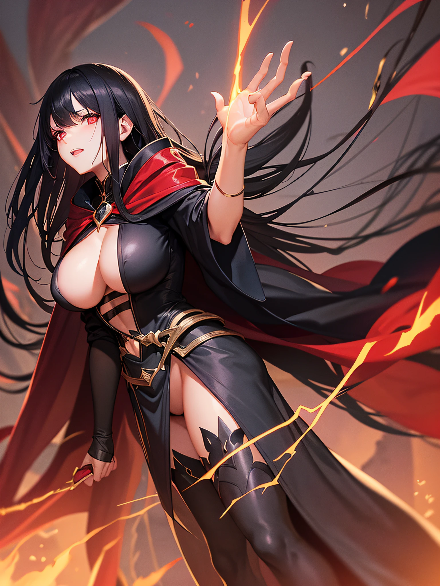 black sorceress woman in short clothes with large, exposed breasts, long black hair and red eyes, with a silk cape on her back, manipulating black magic in one of her hands, dark apocalyptic scene background