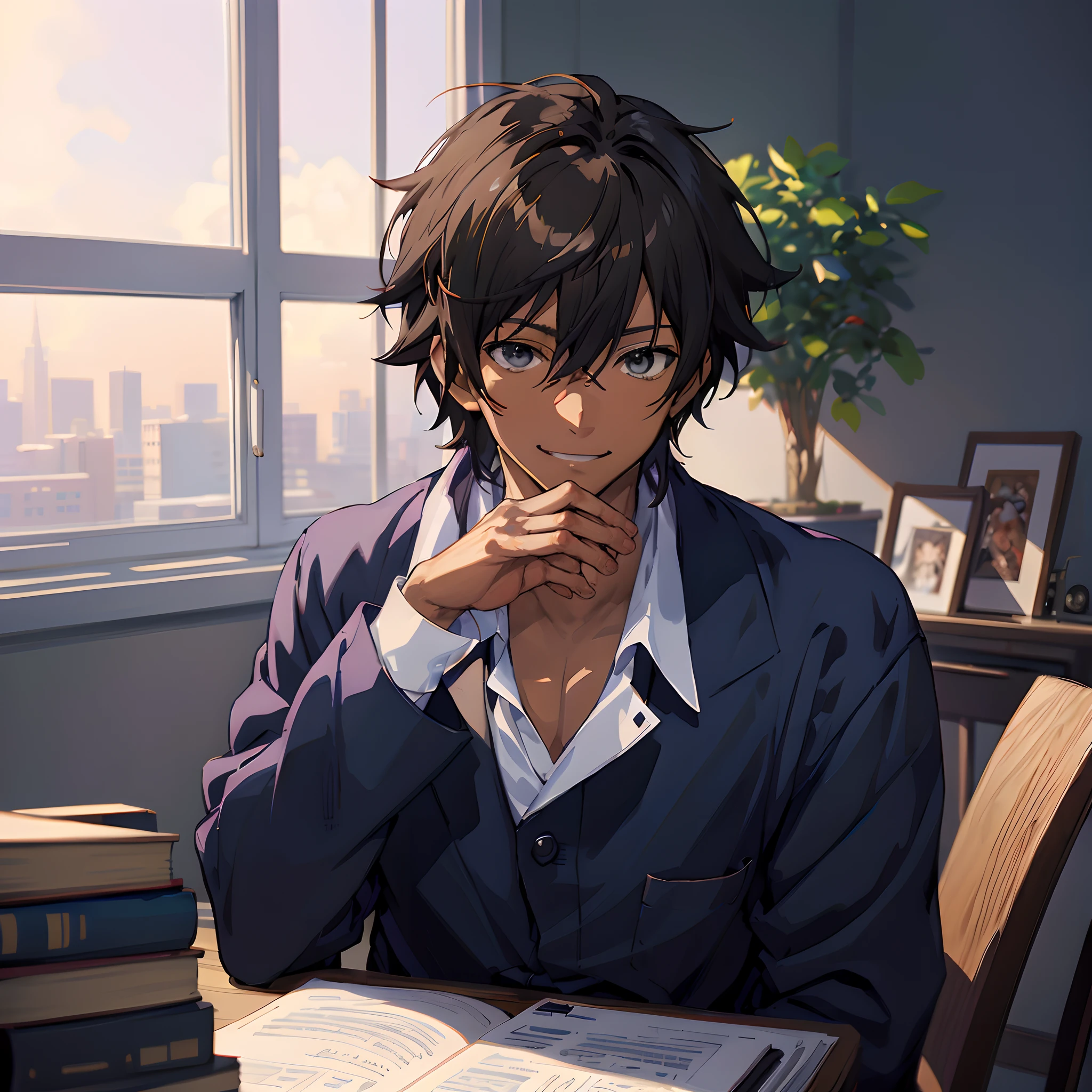 anime boy sitting at a desk with a book in front of him, anime handsome man, young anime man, anime portrait of a handsome man, realistic anime artstyle, handsome anime pose, makoto shinkai. digital render, inspired by Okumura Masanobu, anime. soft lighting, painted in anime painter studio, anime style portrait, anime moe artstyle, (smile), dark skin