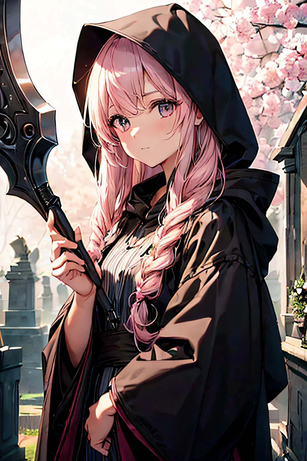 With a girl in a cute hood wrapped in thick fog、Female Grim Reaper Protecting Girl Behind,Wielding a scythe,Emerge from the swirling shadows.Stand in the Cemetery of Forgotten Souls.(Light brown and light pink striped hair:1.3,),Perfect face,Proper body proportion,masutepiece,Super high-quality output images,超A high resolution,Intricate details,Very delicate and beautiful hair,photographrealistic,Dreamy,Professional Lighting,realistic shadow,Solo Focus,Beautiful hands,Beautiful fingers,Detailed finger features,detailed clothes features,Detailed hair features,detailed facial features,