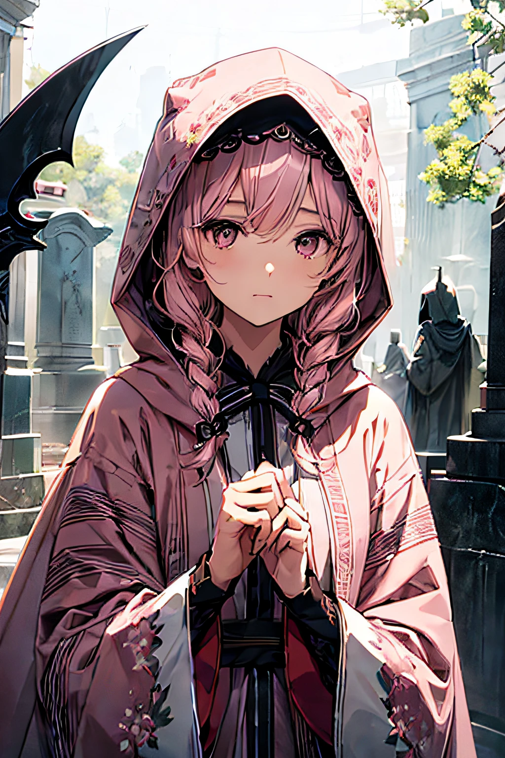 With a girl in a cute hood wrapped in thick fog、Female Grim Reaper Protecting Girl Behind,Wielding a scythe,Emerge from the swirling shadows.Stand in the Cemetery of Forgotten Souls.(Light brown and light pink striped hair:1.3,),Perfect face,Proper body proportion,masutepiece,Super high-quality output images,超A high resolution,Intricate details,Very delicate and beautiful hair,photographrealistic,Dreamy,Professional Lighting,realistic shadow,Solo Focus,Beautiful hands,Beautiful fingers,Detailed finger features,detailed clothes features,Detailed hair features,detailed facial features,