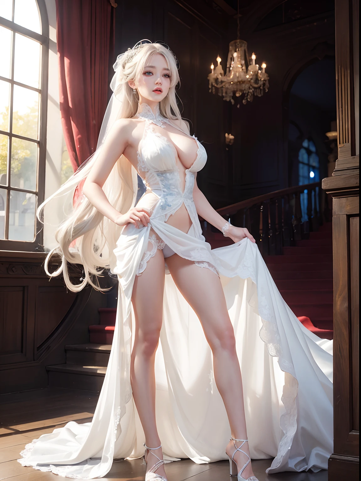 1girl,wearing wedding dress,long white hair,blue ayes,big butt,big boobs, detail foreground,sharpen foreground,high res,hyper realistis, ultra detail