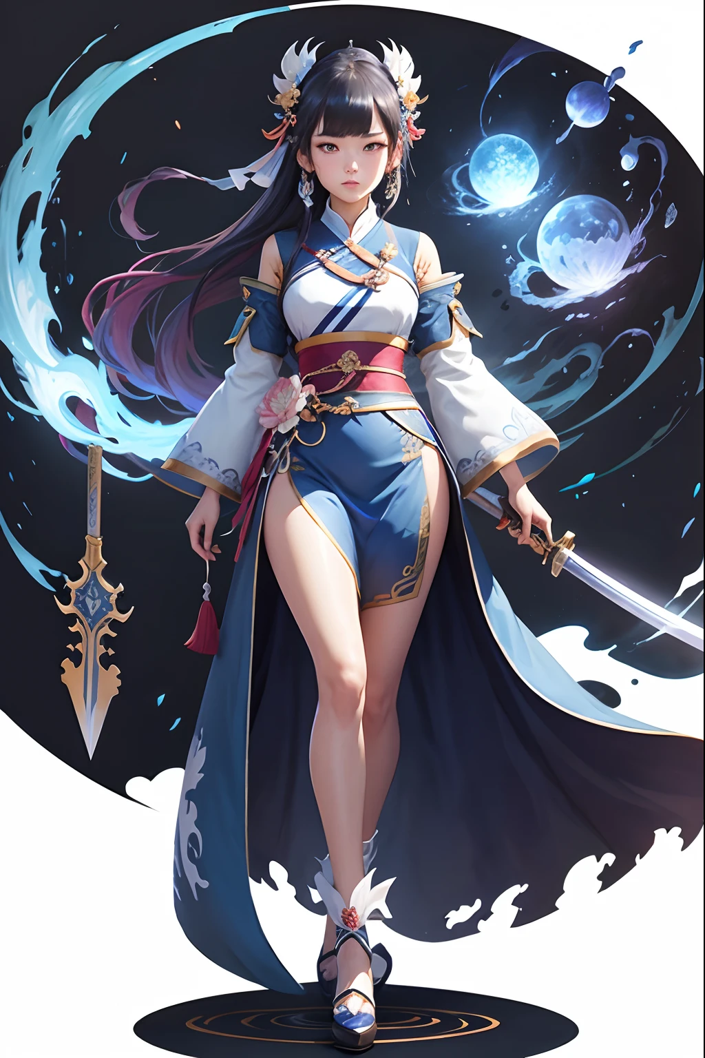 A sexy woman,Royal sister style,Have full breasts,She has long black hair,Blue eyes,She had a small mole on her face,Full-body standing position,quadratic element,The Chinese silver robe has lightning runes on it,Holding an ancient sword,It has a long black ponytail,Parted bangs float in the air,