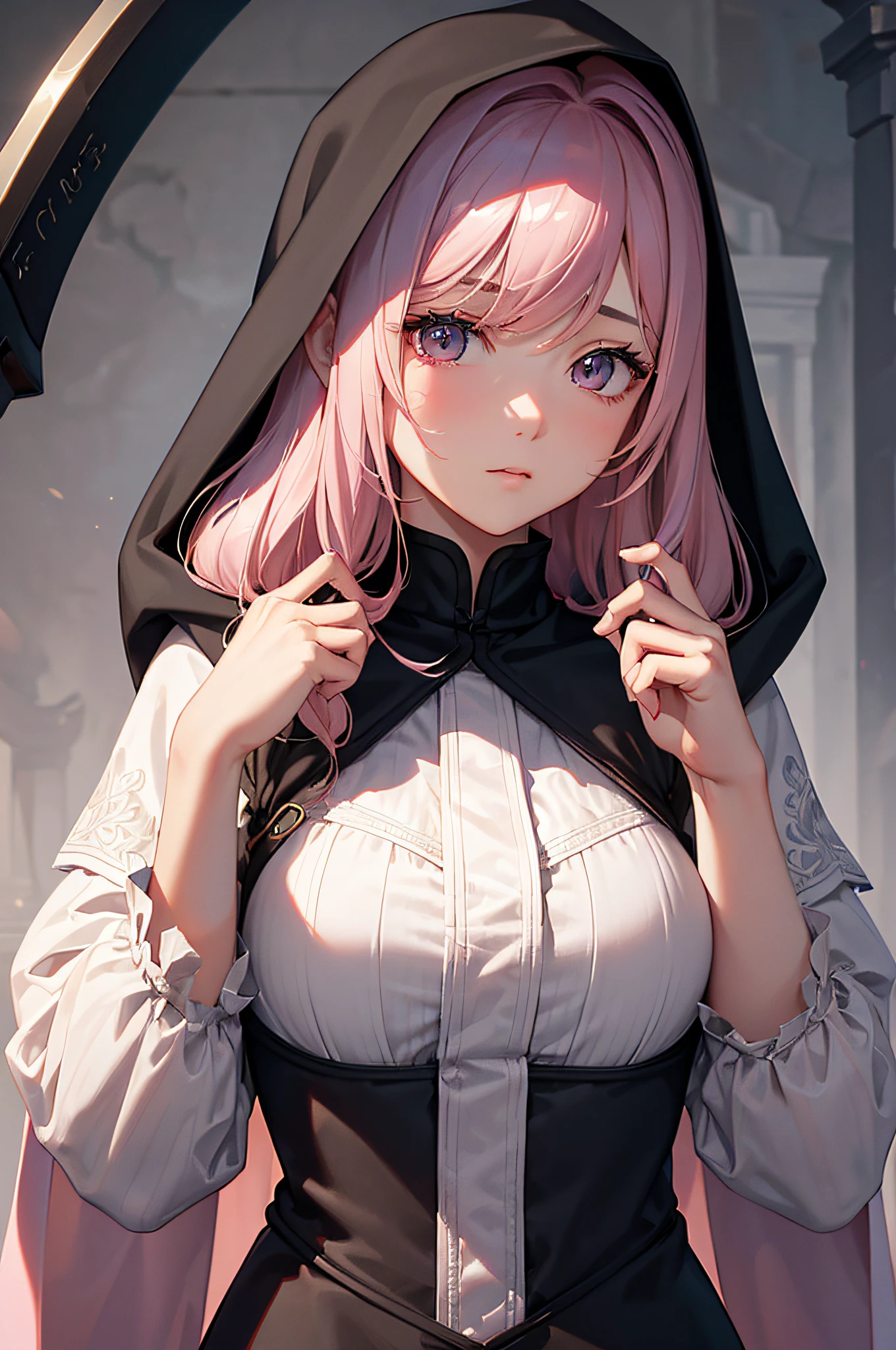 With a girl in a cute hood wrapped in thick fog、Female Grim Reaper Protecting a Girl from Behind,Wielding a scythe,Emerge from the swirling shadows.Stand in the Cemetery of Forgotten Souls.(Light brown and light pink striped hair:1.3,),Perfect face,Proper body proportion,masutepiece,Super high-quality output images,超A high resolution,Intricate details,Very delicate and beautiful hair,photographrealistic,Dreamy,Professional Lighting,realistic shadow,Solo Focus,Beautiful hands,Beautiful fingers,Detailed finger features,detailed clothes features,Detailed hair features,detailed facial features,