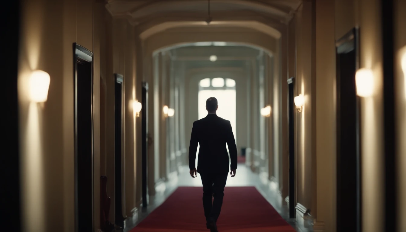 Rear view of a man walking down the hallway, Turn your head and look behind you