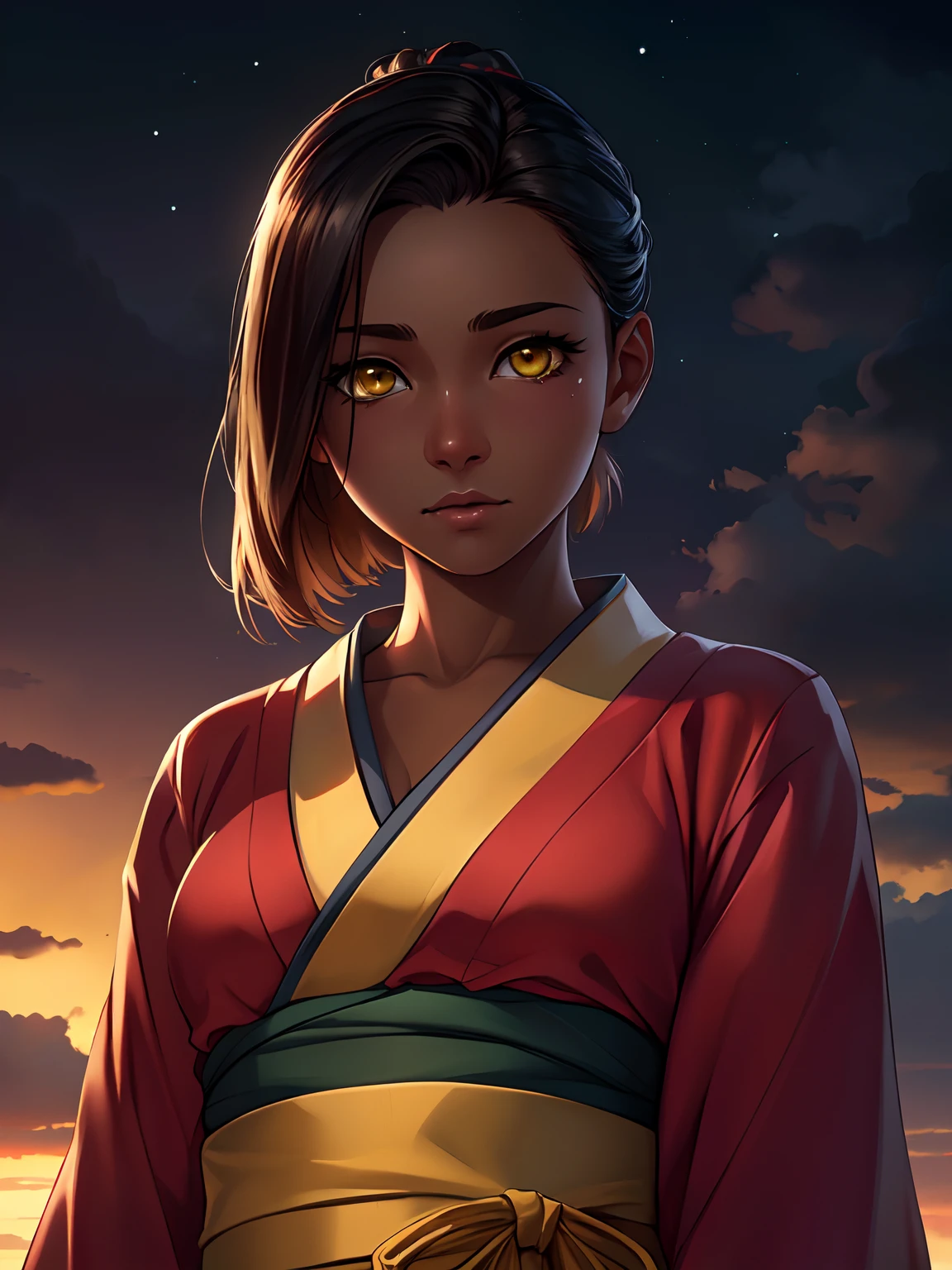 1 girl, (dark skin:1.2), shy, cute, cold expression, (8k, RAW photo, best quality, masterpiece:1.2), (realistic, photorealistic:1.2) (ultra-detailed, Super detailed:1.2), vivid colors, studio lighting, Yellow coloured eyes, blank eyes, Night clouds background, Aesthetic, romantic, Luna, Wearing a kimono, short swept back hair