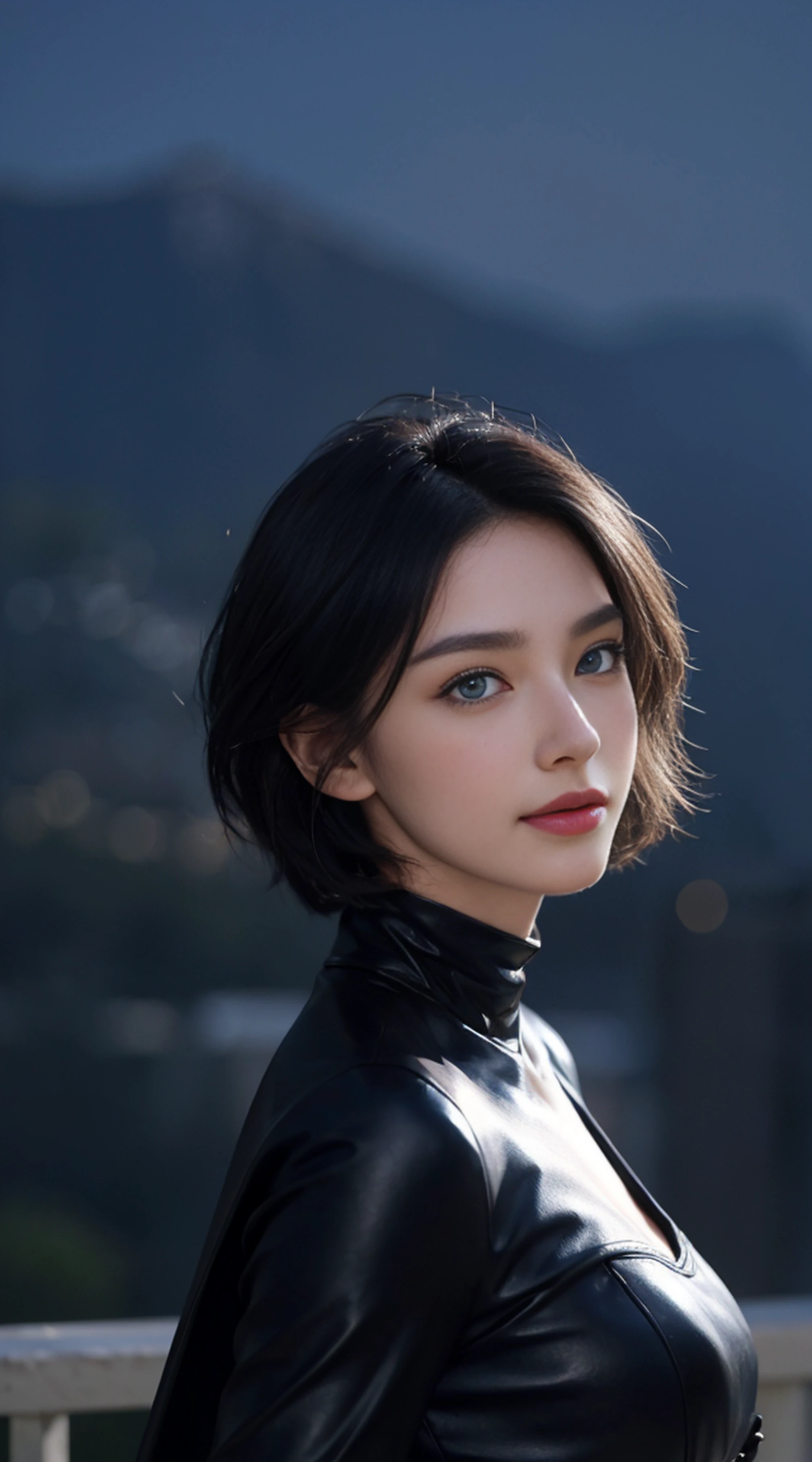 8K, Top Quality, Intricate Details, Ultra Detail, Ultra High Resolution, Masterpiece, random angle,  Slender, Smile, (Makeup: 0.4), (Fluffy Blue Eyes: 1.21), blue Eyes,, ((full body)), 1girl, solo, 1 girl, (( full body)),  close-up shot, standing  , , ((tall)), (((fit body))), (((slim face))), sharp face, sharp eyes, ((( black hair,  hair, wolf cut)))  (detailed face), sharp face, small lips, thin lips, 
 (( cape)),  detailed face, detailed breast, , large breast, detail, , Beautiful girl with accentuated slender abs: 1.4, Six Pack Abs: 1.4, Bust Botox, Big, Perfect Body, detail leg, (( moonlight)), top of mountain
