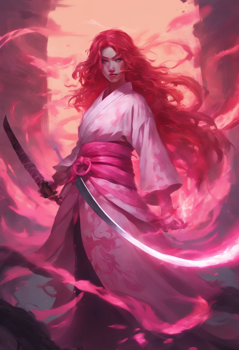 1girl, long curly redhair, white skin, wearing a pink kimono, pink katana, ready to fight pose, pink fire power, sun breathing, demon slayer style, oni hunter, agressive looking, epic background full with fire