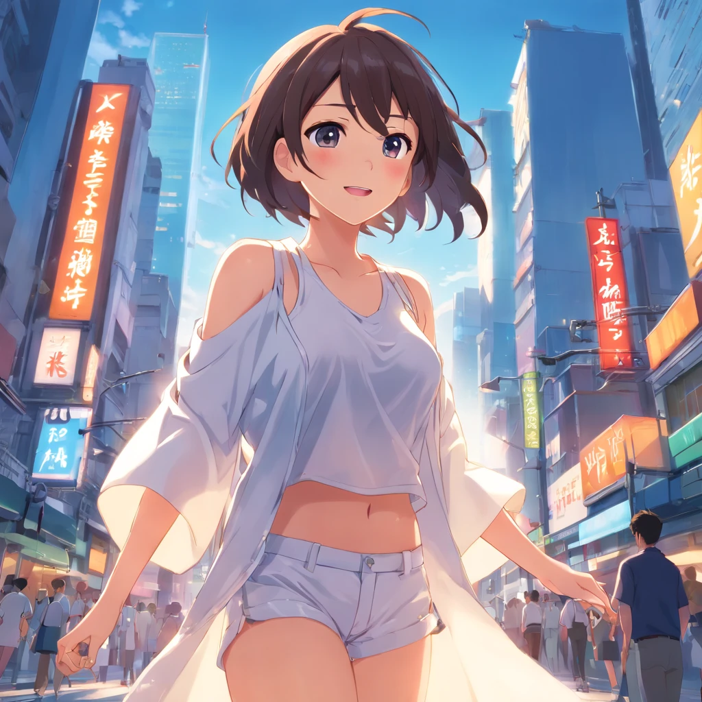 masterpiece、top-quality、Movie stills、1girl in、发光、Happiness、(Spark:0.7)、Laugh、Blue color clothes、So Huge Breasts、Bursting breasts、large grown breasts、Plump breasts、In the city、White clothes、shortpants