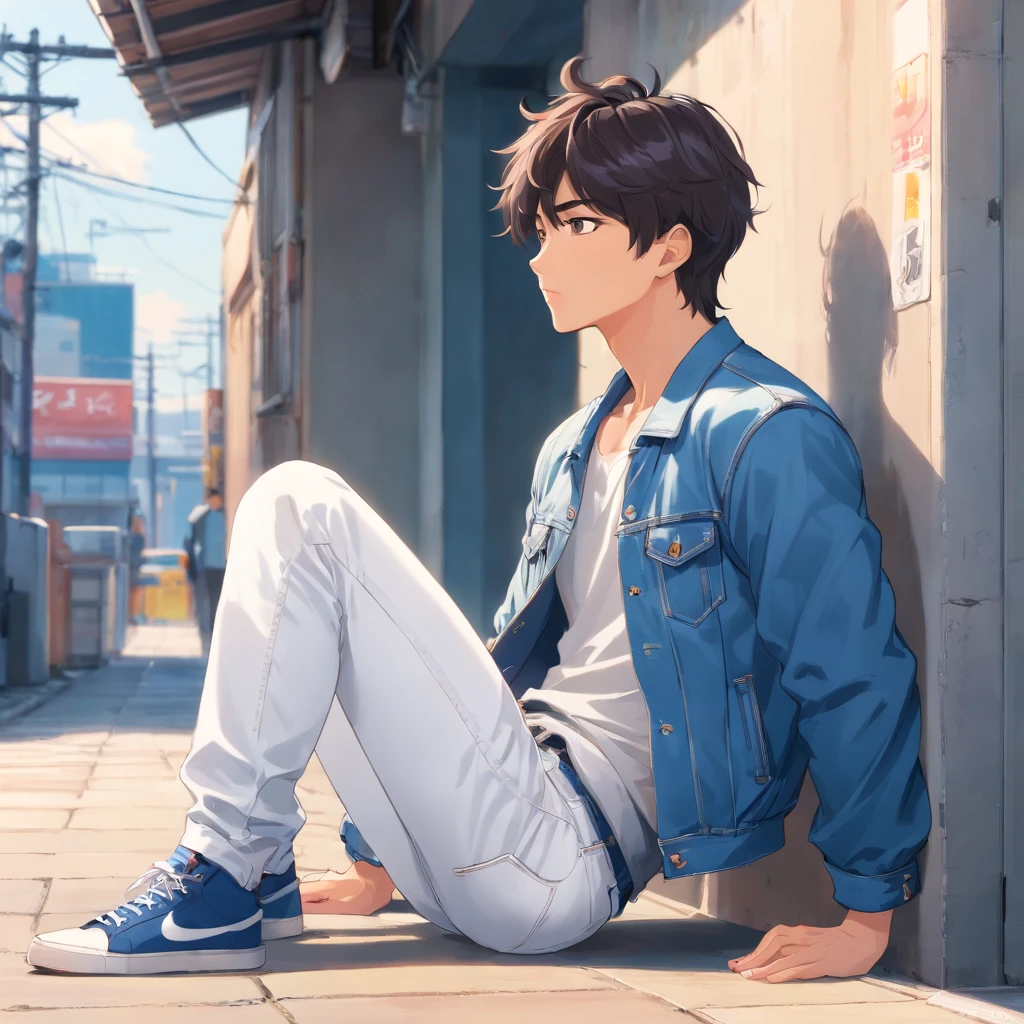 Alafed male model in white jeans and denim jacket leaning against wall, Korean Male, Jinyoung Shin, korean muscle boy 2 1 , model with attractive body, Cai Xukun's, taejune kim, male model, siwoo kim, inspired by Joong Keun Lee, Hyuntae, inspired by jeonseok lee, sun-hyuk kim, with abs