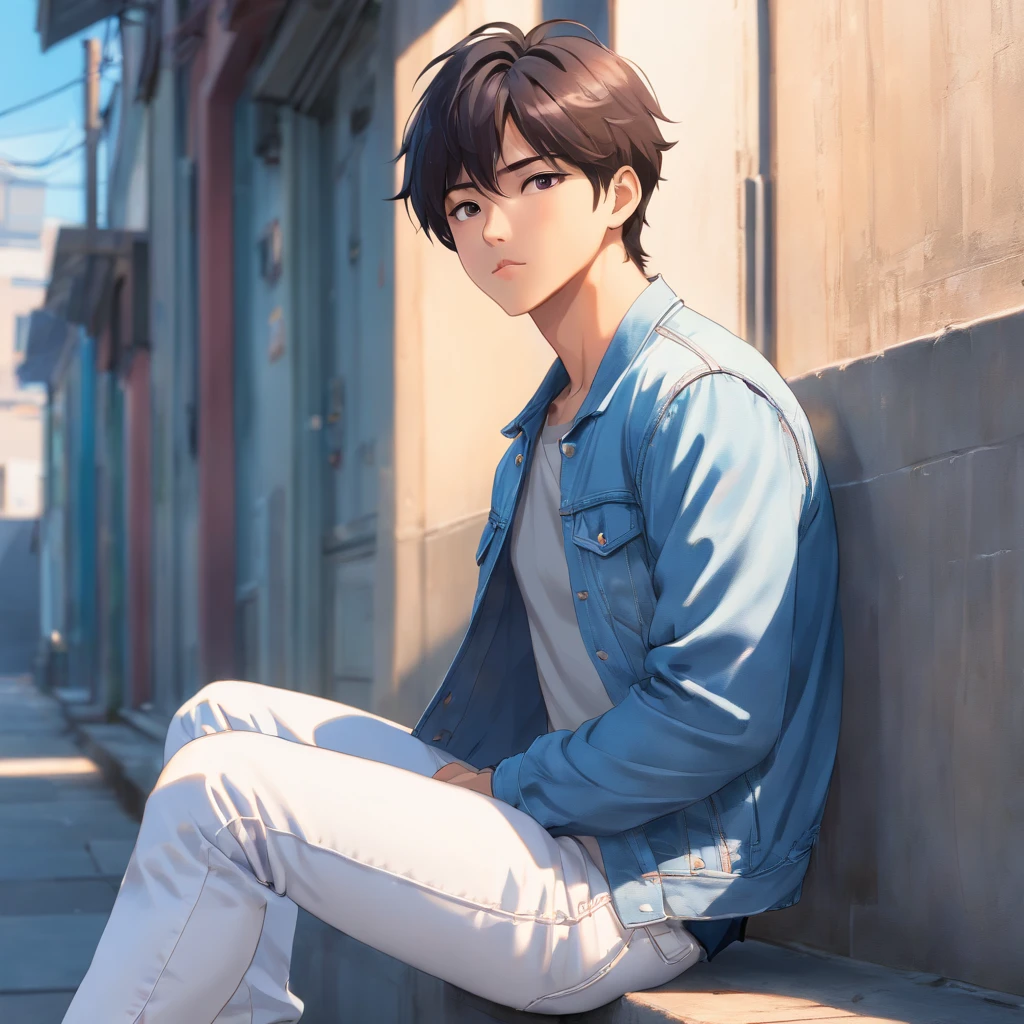 Alafed male model in white jeans and denim jacket leaning against wall, Korean Male, Jinyoung Shin, korean muscle boy 2 1 , model with attractive body, Cai Xukun's, taejune kim, male model, siwoo kim, inspired by Joong Keun Lee, Hyuntae, inspired by jeonseok lee, sun-hyuk kim, with abs
