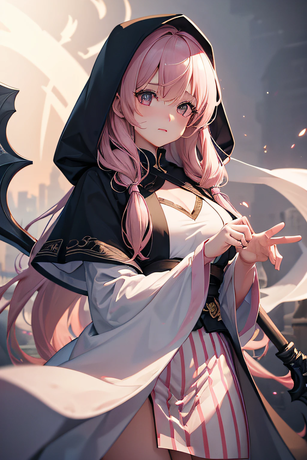 With a girl in a cute hood wrapped in thick fog、Female Grim Reaper Protecting a Girl from Behind,Wielding a scythe,Emerge from the swirling shadows.Stand in the Cemetery of Forgotten Souls.(Light brown and light pink striped hair:1.3,),Perfect face,Proper body proportion,masutepiece,Super high-quality output images,超A high resolution,Intricate details,Very delicate and beautiful hair,photographrealistic,Dreamy,Professional Lighting,realistic shadow,Solo Focus,Beautiful hands,Beautiful fingers,Detailed finger features,detailed clothes features,Detailed hair features,detailed facial features,