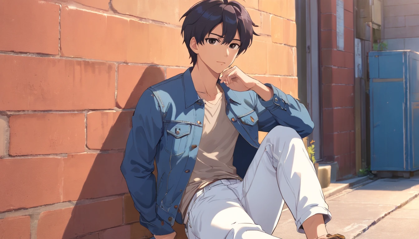 Alafed male model in white jeans and denim jacket leaning against wall, Korean Male, Jinyoung Shin, korean muscle boy 2 1 years old, model with attractive body, Cai Xukun's, taejune kim, male model, siwoo kim, inspired by Joong Keun Lee, Hyuntae, inspired by jeonseok lee, sun-hyuk kim, with abs