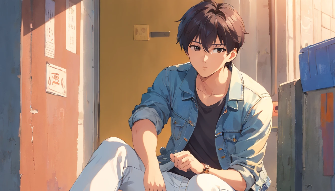 Alafed male model in white jeans and denim jacket leaning against wall, Korean Male, Jinyoung Shin, korean muscle boy 2 1 years old, model with attractive body, Cai Xukun's, taejune kim, male model, siwoo kim, inspired by Joong Keun Lee, Hyuntae, inspired by jeonseok lee, sun-hyuk kim, with abs