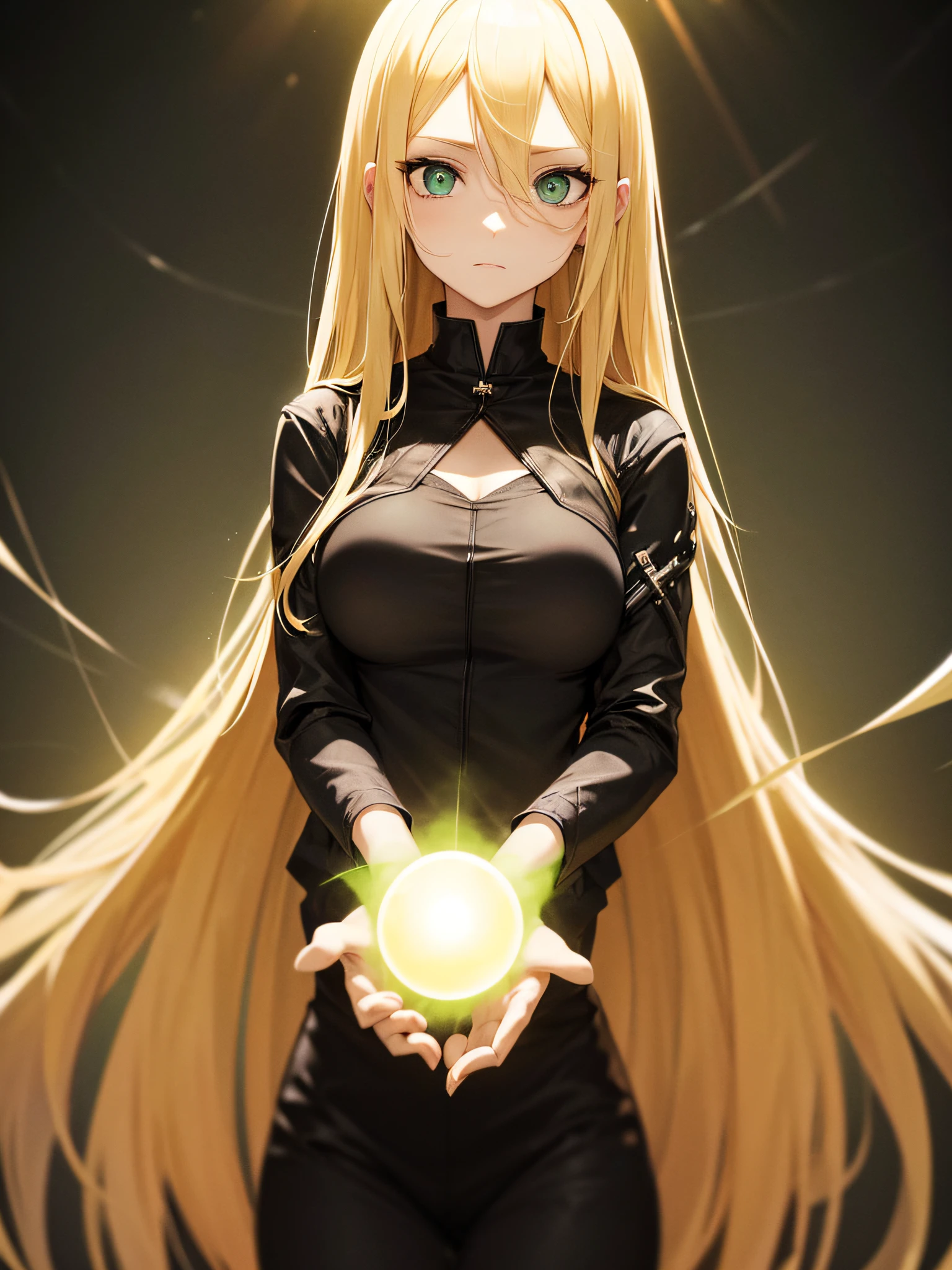 woman in short clothes with long blonde hair and green eyes, with several orbs of light around her, manipulating black magic in one of her hands, dark apocalyptic scene background