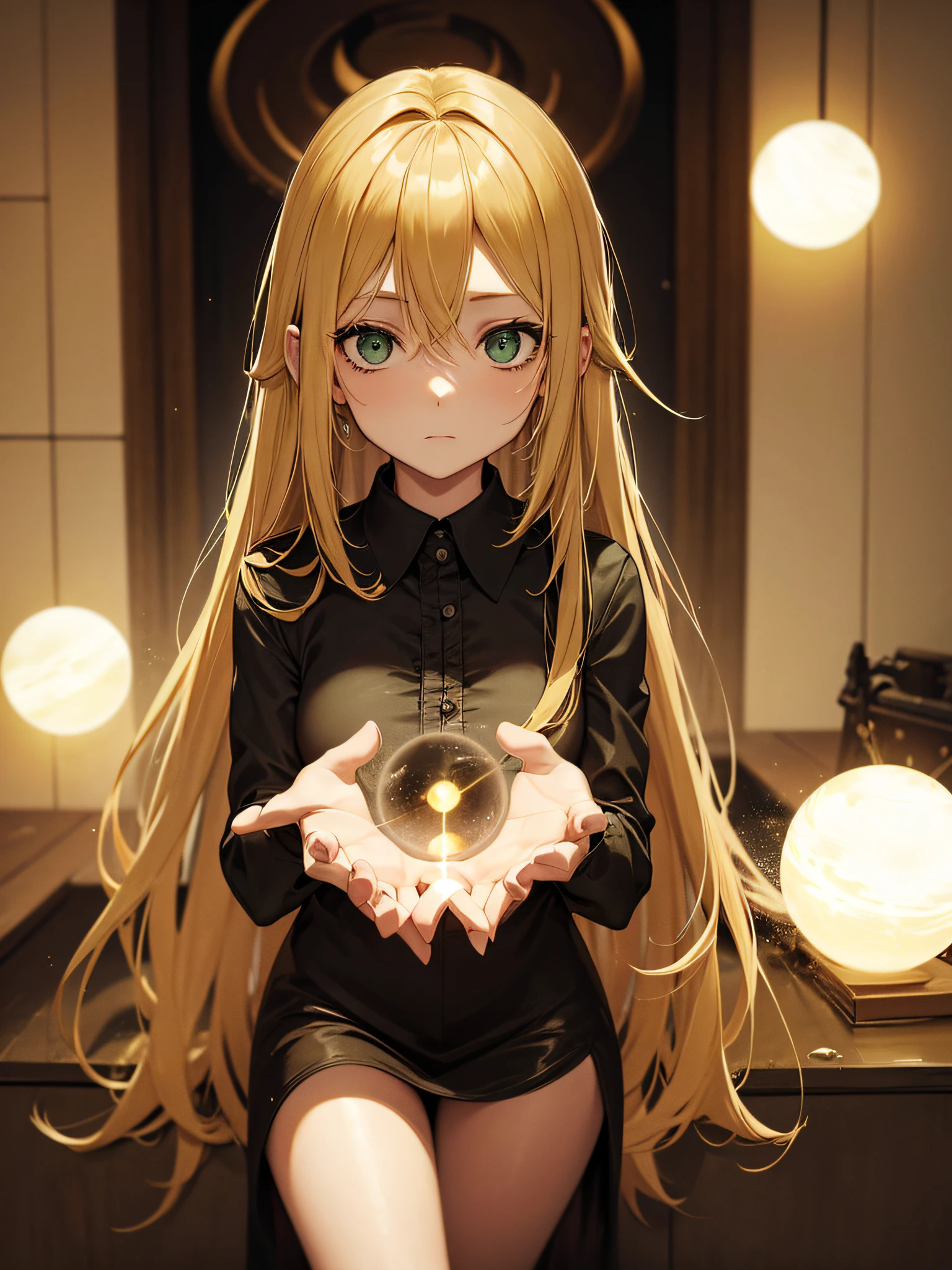 woman in short clothes with long blonde hair and green eyes, with several orbs of light around her, manipulating black magic in one of her hands, dark apocalyptic scene background