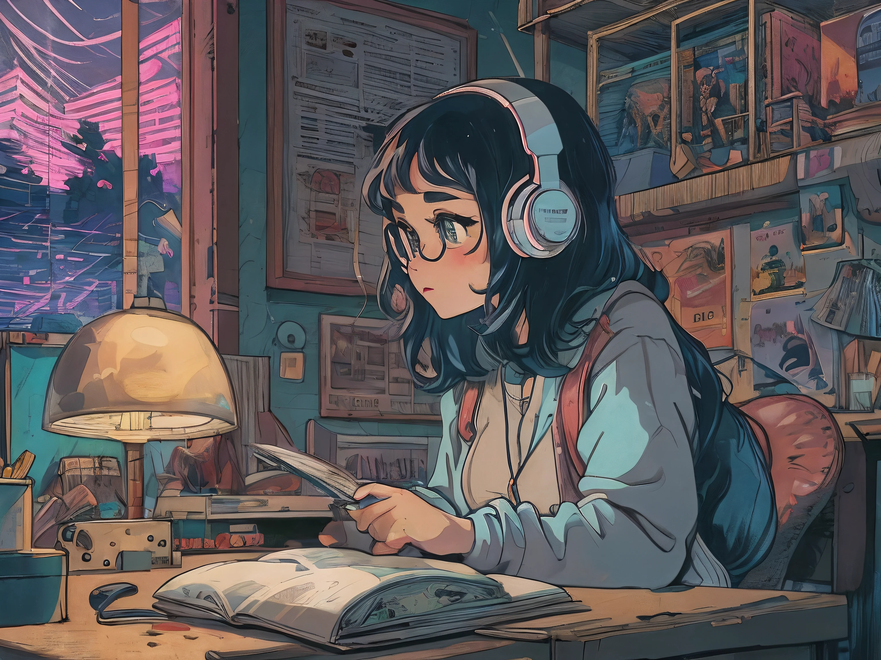 (Lofi), A girl studying on the table in her room, reading a book, wearing glass, wearing a head phone, 1970 indoor materials, night light, raining outside,analog color theme, Lo-fi hip hop , retro, flat, 2D , simple drawing, simplify line art, ink drawing, big ink line, watercolor, goauche color, studio Ghibli style, awesome colorful, outurn, synthwave, lofi art,90s style,old texture, amplitude,90s atmosphere,