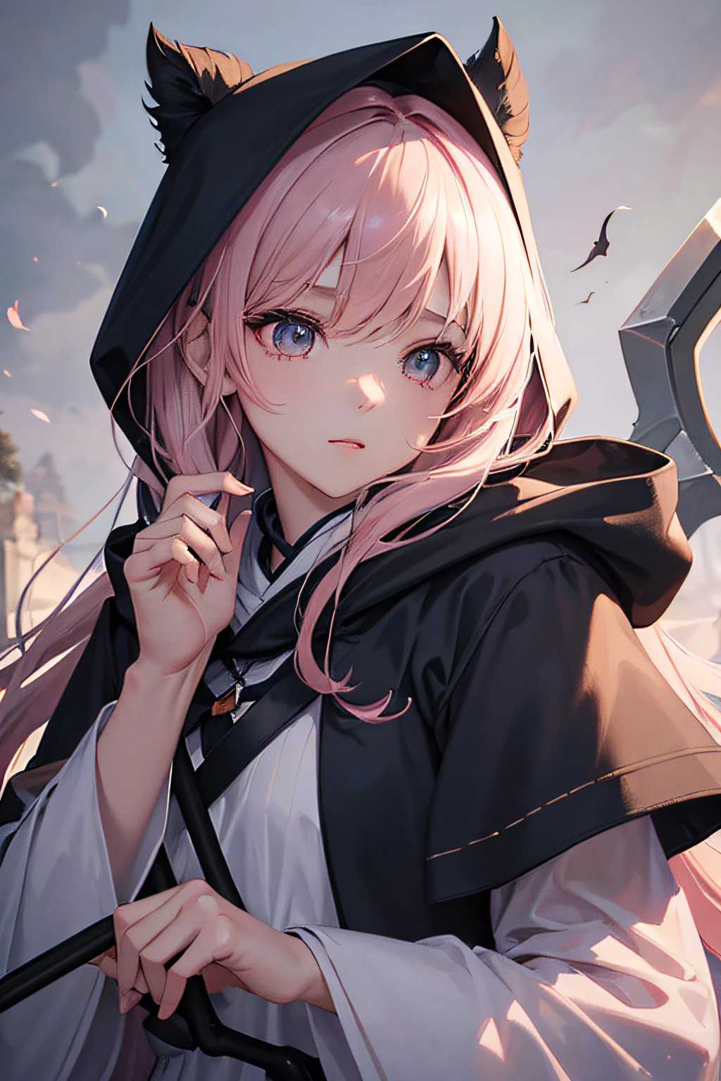 With a girl in a cute hood wrapped in thick fog、Female Grim Reaper Protecting a Girl from Behind,Wielding a scythe,Emerge from the swirling shadows.Stand in the Cemetery of Forgotten Souls.(Light brown and light pink striped hair:1.3,),Perfect face,Proper body proportion,masutepiece,Super high-quality output images,超A high resolution,Intricate details,Very delicate and beautiful hair,photographrealistic,Dreamy,Professional Lighting,realistic shadow,Solo Focus,Beautiful hands,Beautiful fingers,Detailed finger features,detailed clothes features,Detailed hair features,detailed facial features,(Ghibli style:1.3)