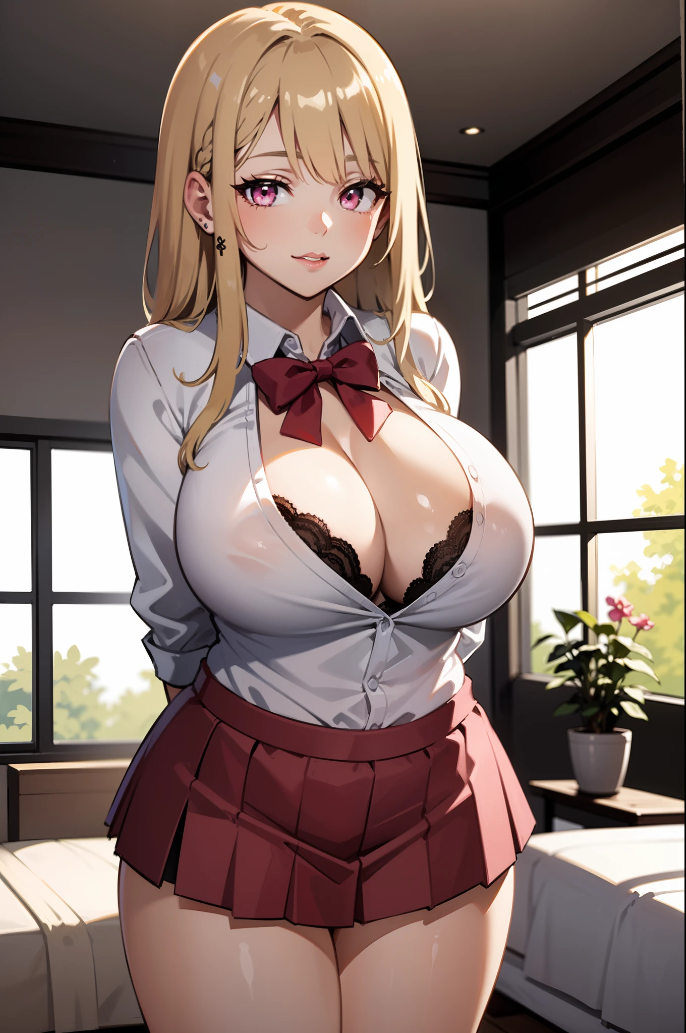 ((masterpiece, best quality, 4k)), 1girl, cowboy shot, huge breasts, pink eyes, long blonde hair, gyaru, arms behind back, manga, pink micro skirt, chromic aberration, detailed illustration, seductive pose, leaning forward, light smile, cleavage, tie top, pink bow tie, indoors, pink flowers, thick lips, pink bedroom background, plant, window, light particles, (cute face), thick thighs, realistic, below,