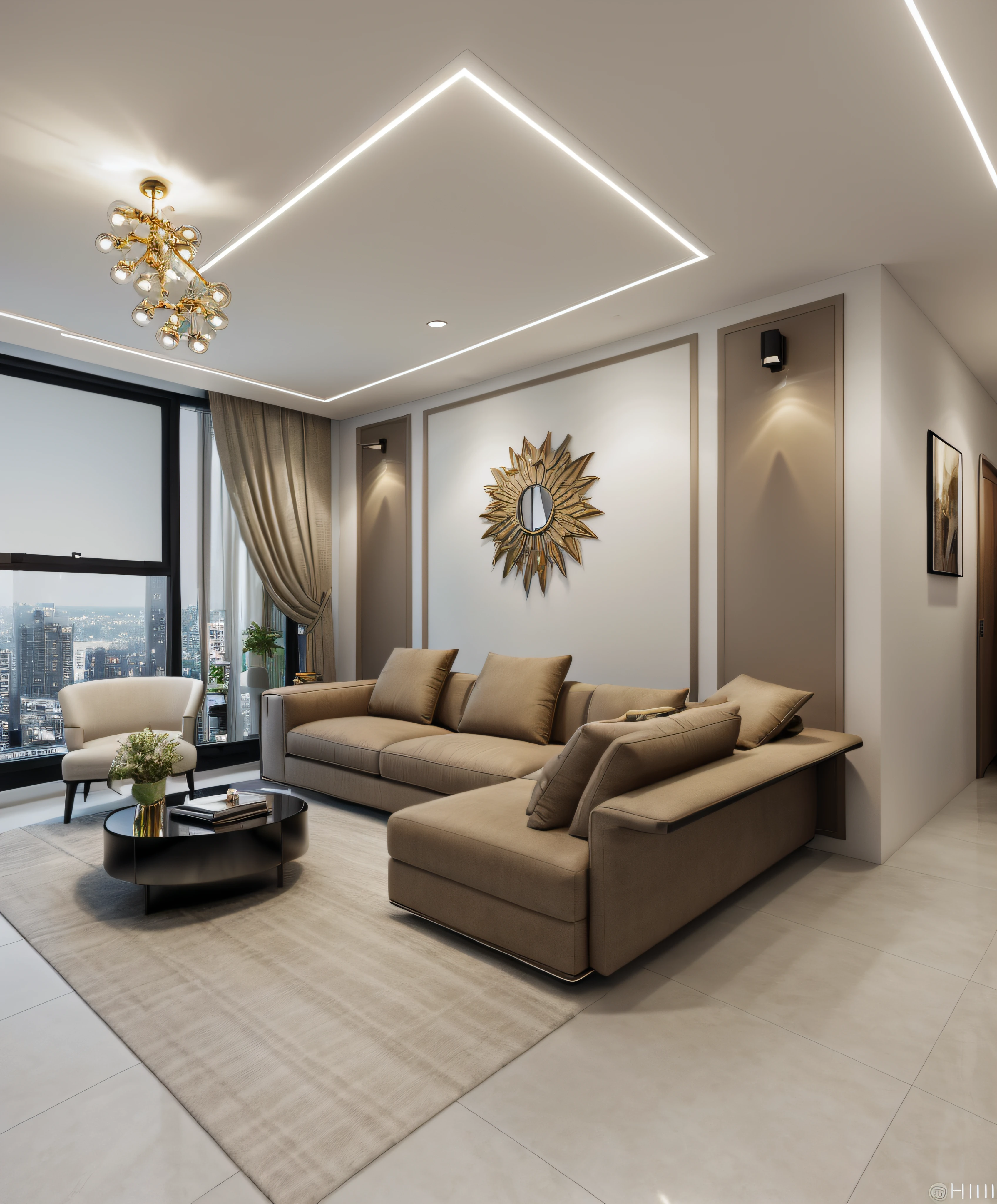 arafed view of a living room with a couch and a coffee table, luxury condo interior, fancy apartment, interior living room, living room, luxurious environment, city apartment, elegant render, luxury hd render, lounge room, apartment design, modern living room, vray 8k render, interior design living room, high end interior, 8k vray render,indoor, (((nighlight:1.3)), shimering light, cinematic lighting,(Extremely sharp images),Award winning design, (((modern Wall lamp))) ,(Beautiful light),((Flat plaster ceiling)),((sharp lines))