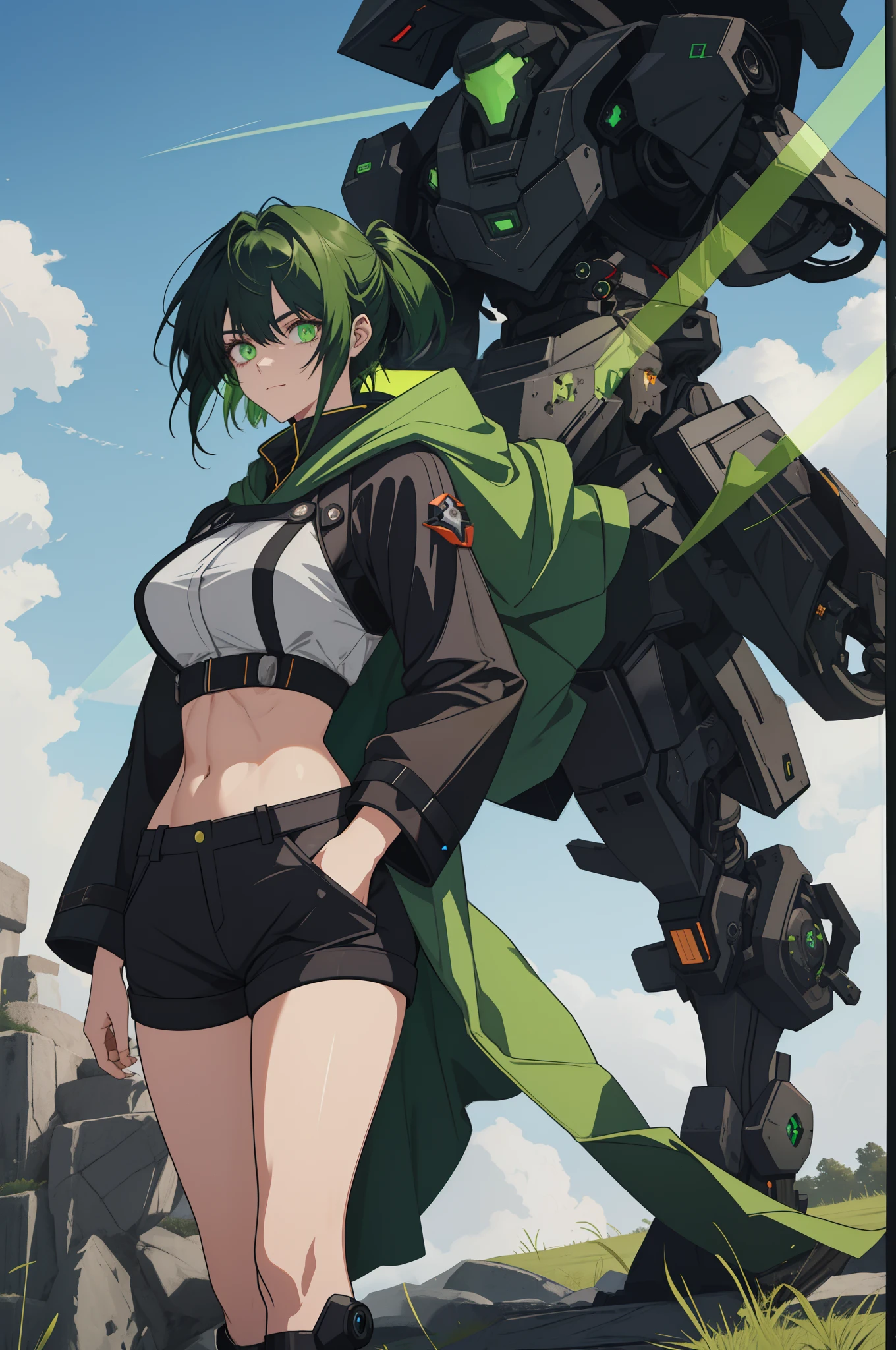 leges,mechanical leg,Black mechanical legs,Plump legs,Green gem setting,Anime girl standing gracefully on the ground,Black cape and green hair, rogue anime girl, Anime girl standing, Wearing a cloak on the blasted plain, asuka suit under clothes!, holy cyborg necromancer girl, badass posture, mechanic punk outfit, anime styled 3d, render of a cute 3d anime girl, gapmoe yandere grimdark, Female character,musculature,Abs,Glowing green eyes,Black hair with green gradient,short detailed hair,Bunched hair,Dull hair,(Muscle 2.0),Tomboyish,Be red in the face,looking at viewert,Elaborate Eyes,Black mechanical legs,huge tit,1.5,Green Greatsword,Left hand in pocket,ssmile,robotic hand,blacksilk,revealing her belly