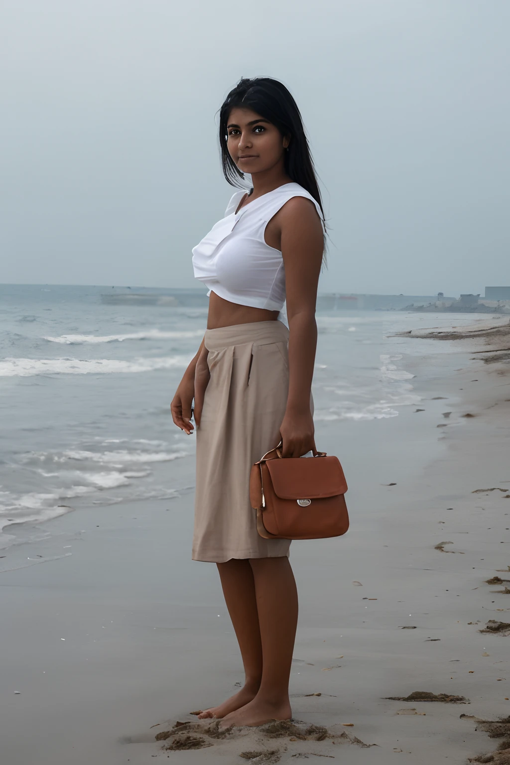 an overcast lighting (closeup:1.15) (medium shot portrait:0.6) mobile photography , shot on a mobile, big breasts, photograph of a beautiful indian woman standing on a sand beach, wearing a skirt outfit, small handbag on shoulder looking at me, coy slight smile