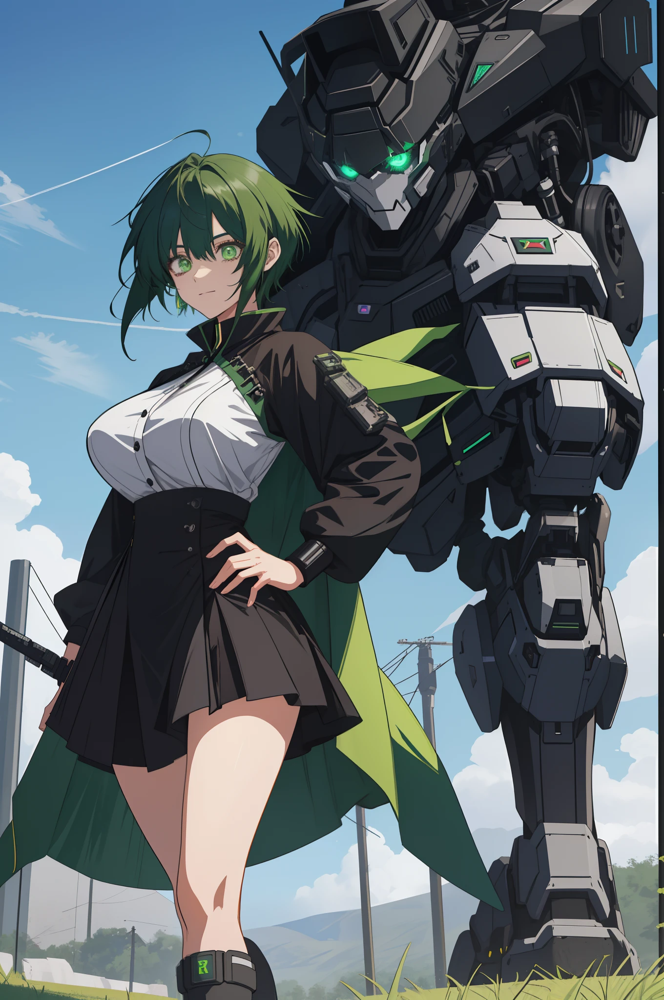 leges,mechanical leg,Black mechanical legs,Plump legs,Green gem setting,Anime girl standing gracefully on the ground,Black cape and green hair, rogue anime girl, Anime girl standing, Wearing a cloak on the blasted plain, asuka suit under clothes!, holy cyborg necromancer girl, badass posture, mechanic punk outfit, anime styled 3d, render of a cute 3d anime girl, gapmoe yandere grimdark, Female character,musculature,Abs,Glowing green eyes,Black hair with green gradient,short detailed hair,Bunched hair,Dull hair,(Muscle 2.0),Tomboyish,Be red in the face,looking at viewert,Elaborate Eyes,Black mechanical legs,huge tit,1.5,Green Greatsword,Left hand crossed waist,ssmile,robotic hand,blacksilk